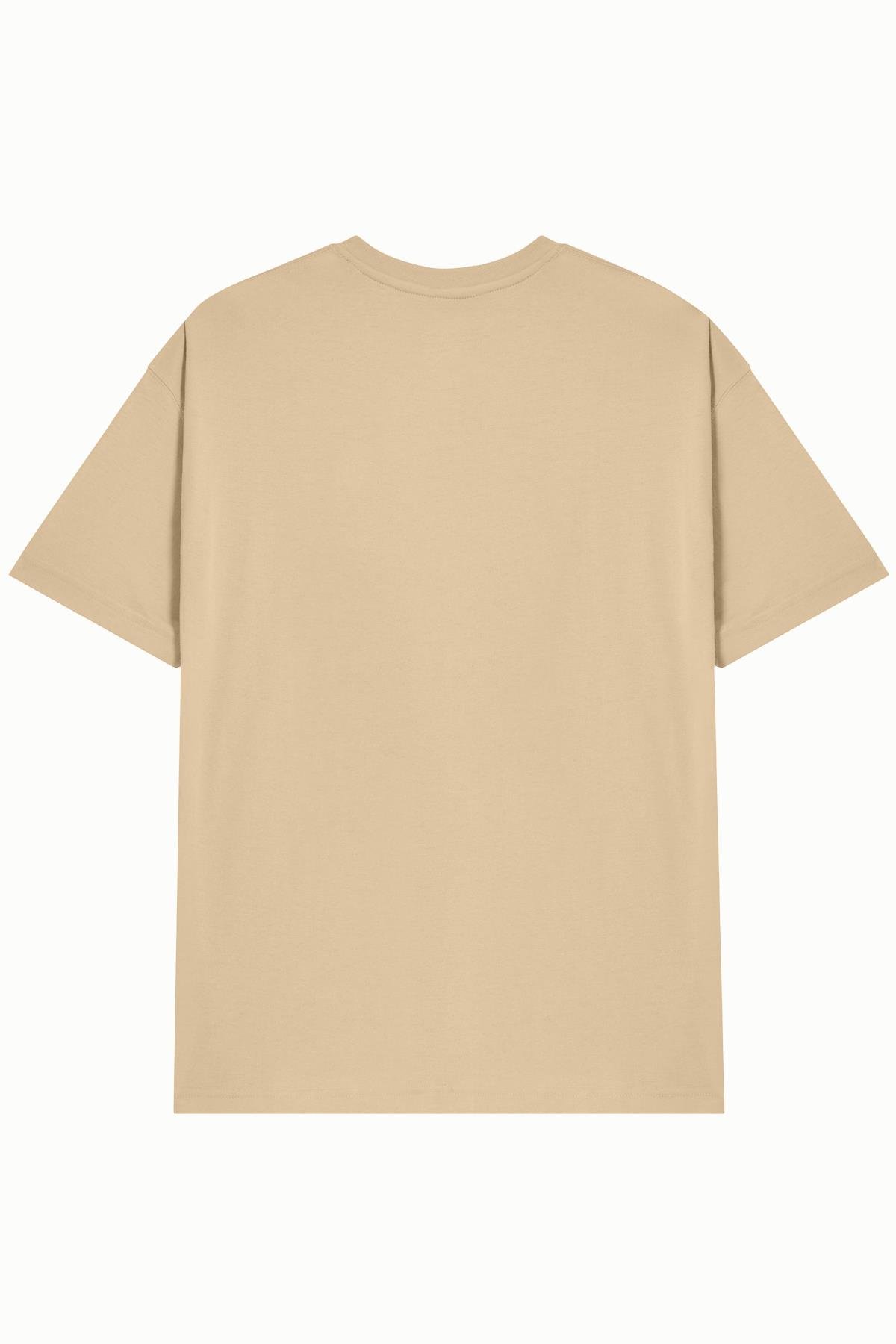 Unisex Bej %100 Pamuk Basic Avrupa Kalıp/Oversize Fit Kesim Bisiklet Yaka Kısa Kollu T-Shirt