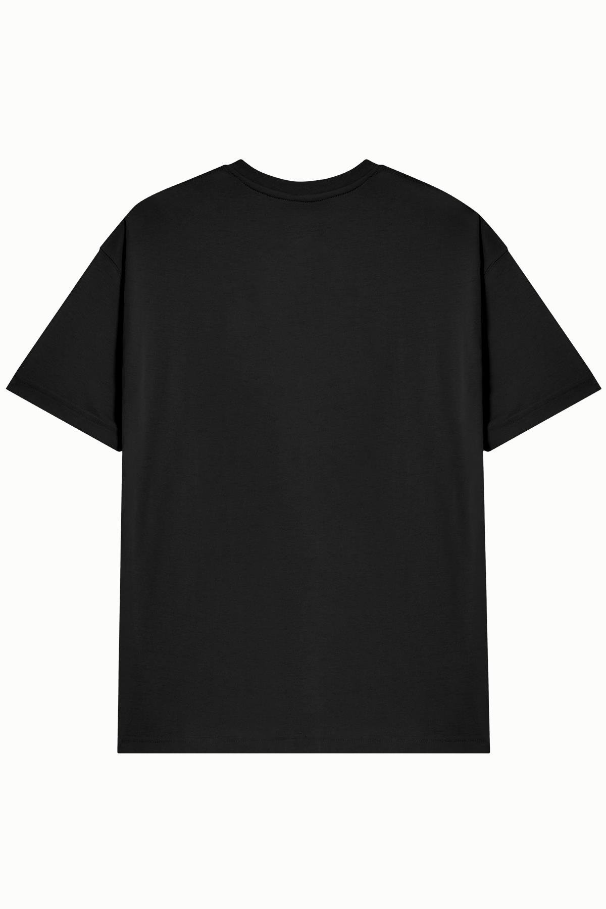 Unisex Siyah %100 Pamuk Basic Avrupa Kalıp/Oversize Fit Kesim Bisiklet Yaka Kısa Kollu T-Shirt