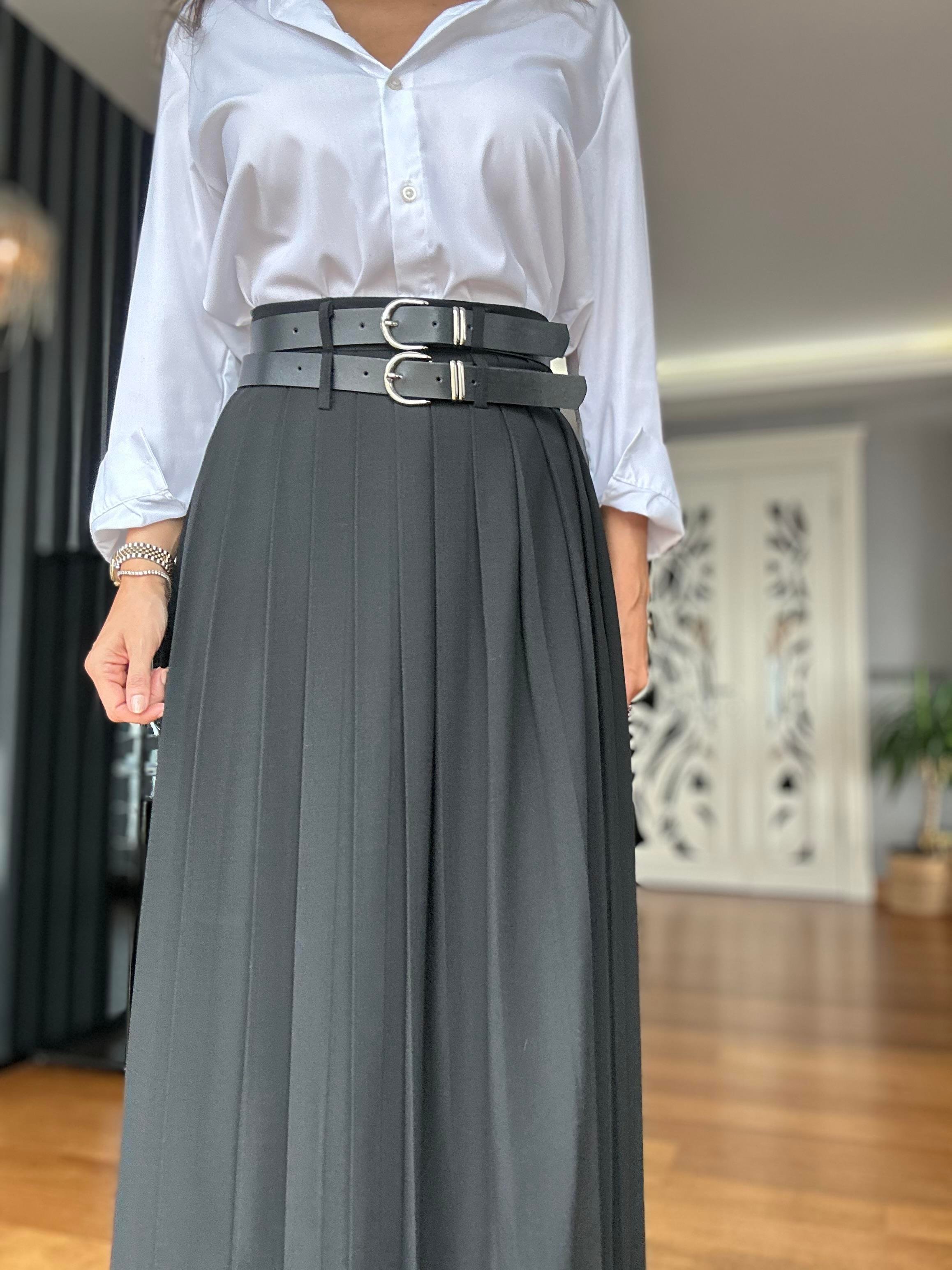 ◆ETRE AU SOMMET◆ Layered set-up two-belt side pleated skir Pleated Double-Belt Midi Skirt