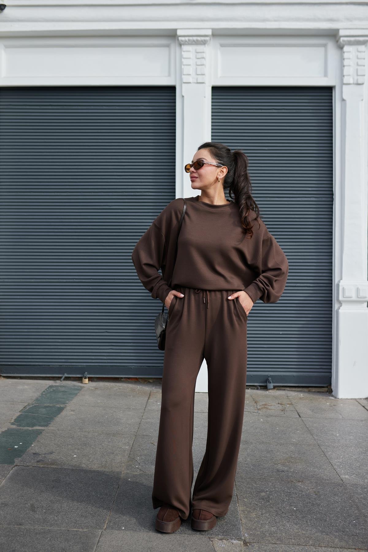 Kahve Oversize Uzun Kollu Sweat Pantolon Takım