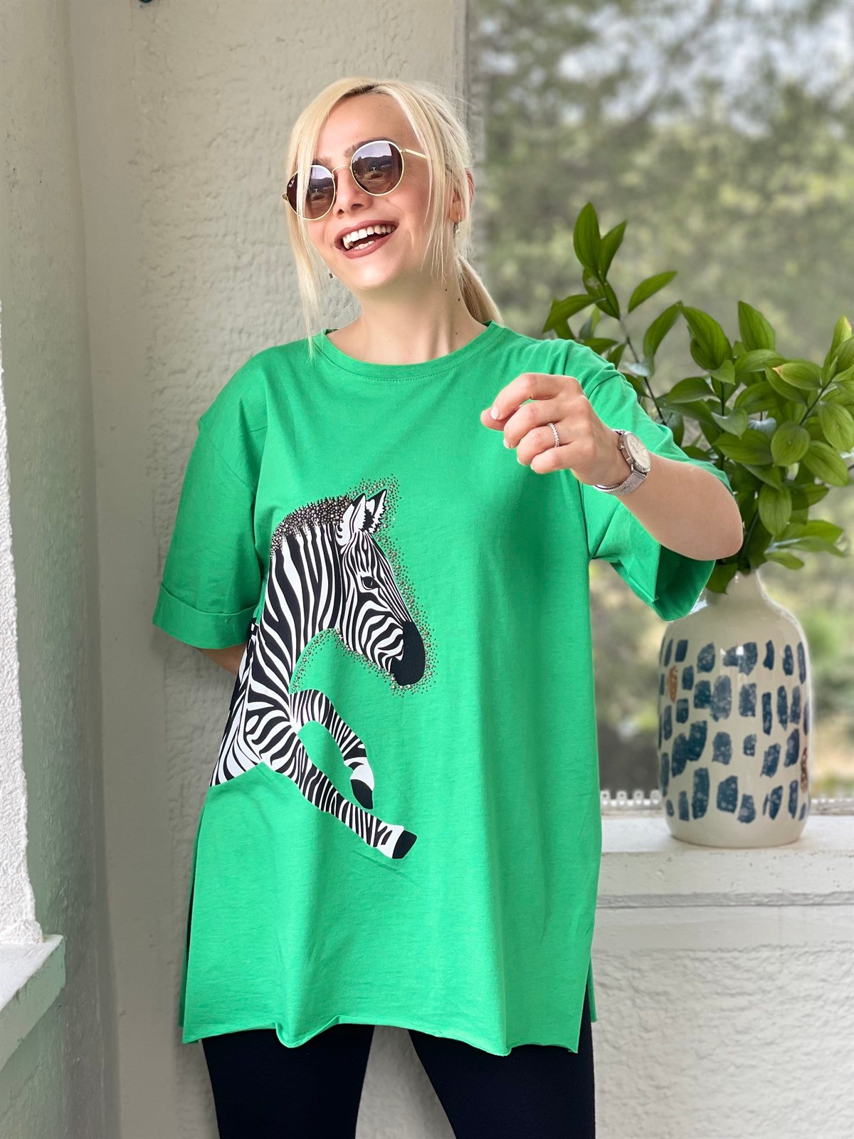 Zebra Baskılı Yeşil Tişört