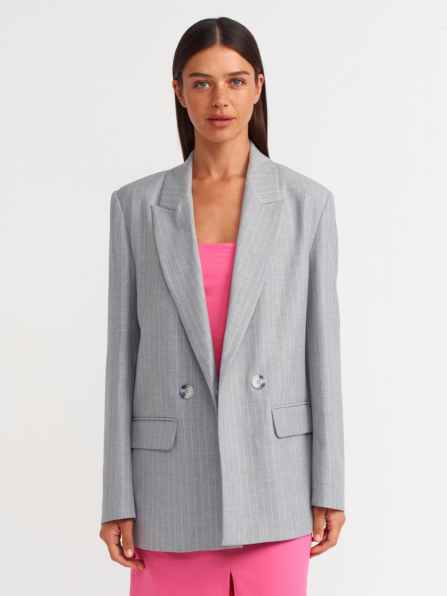 Çizgili Blazer Ceket-Gri