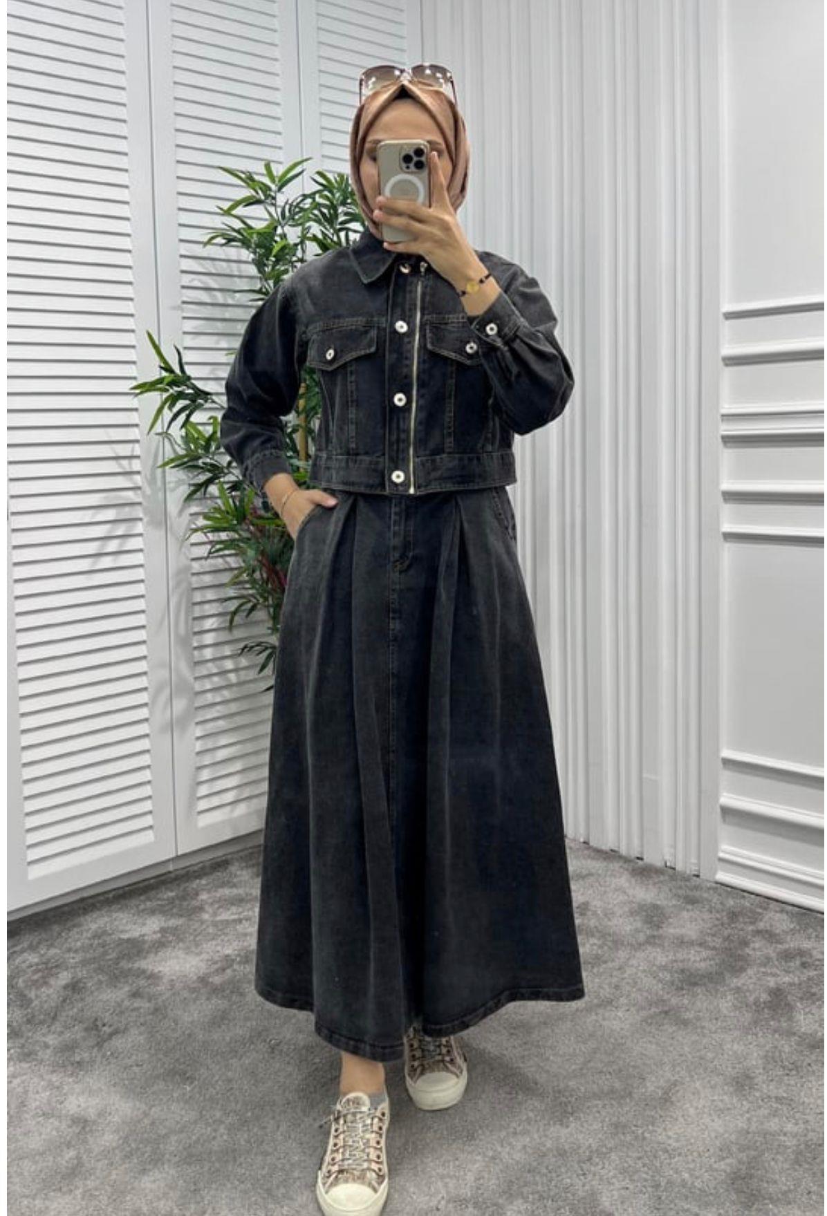 Denim Etekli Fermuar Detaylı Takım Siyah