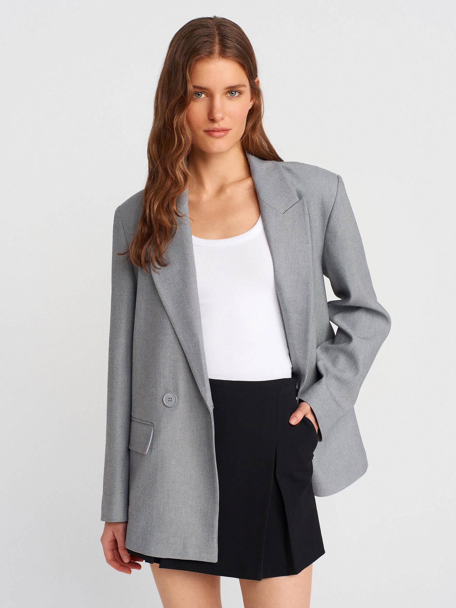 Dümdüz Fit Blazer-Gri 