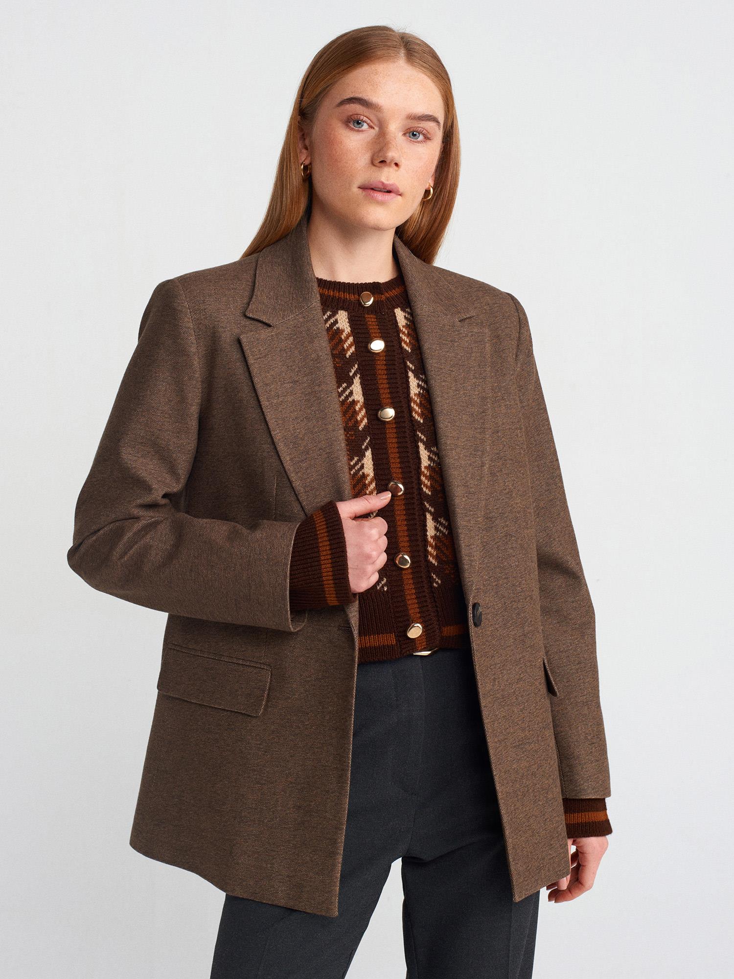 Dümdüz Fit Blazer-Kahve