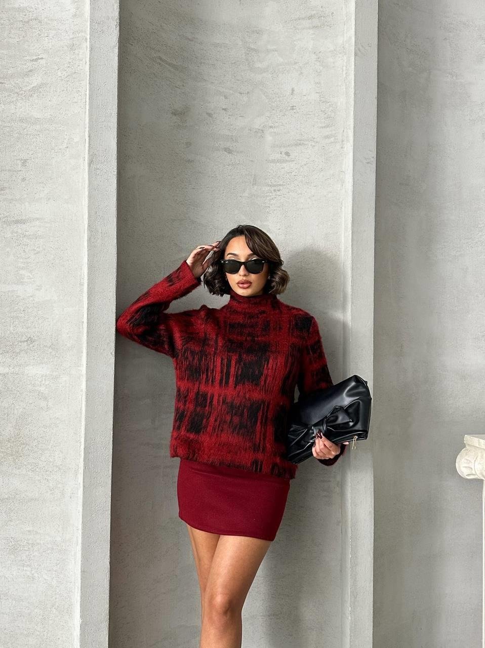 Iced Bordo Desenli Yarım Balıkçı Yaka Sakallı Kazak
