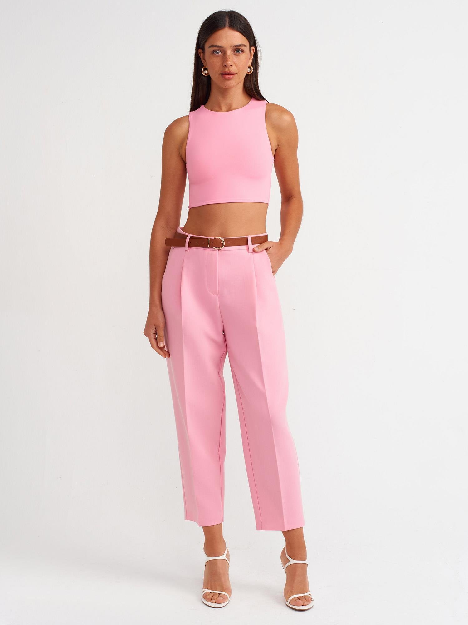 Kemerli Havuç Fit Pantolon Pembe