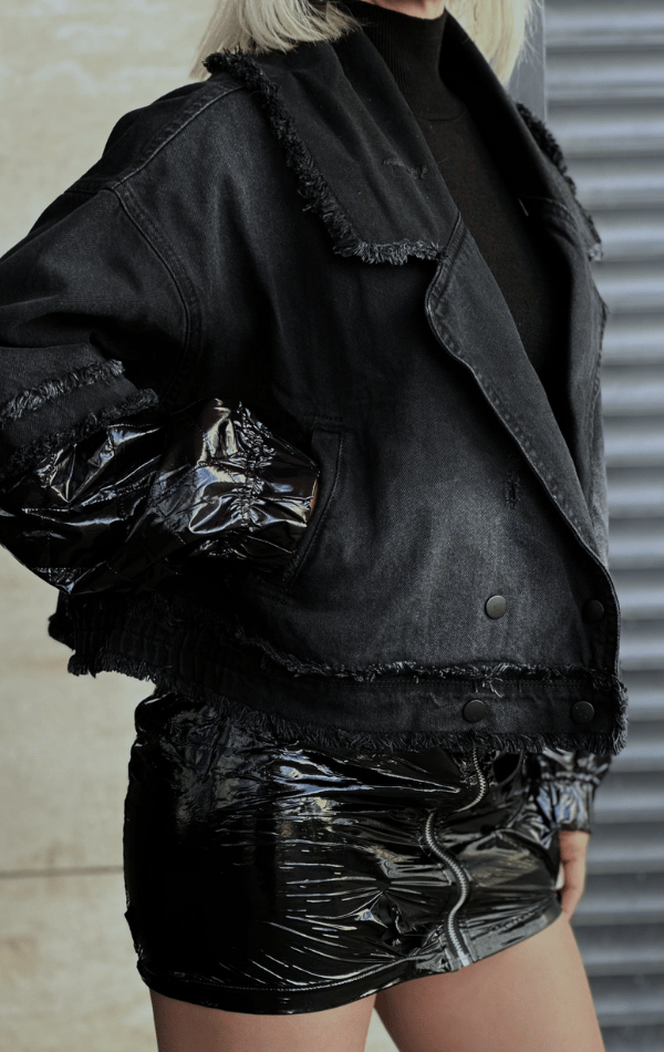 Kadın Siyah %100 Cotonel Rugan Kol Detaylı Tasarım Denim Ceket | Burcu  Paker Ceket Modelleri