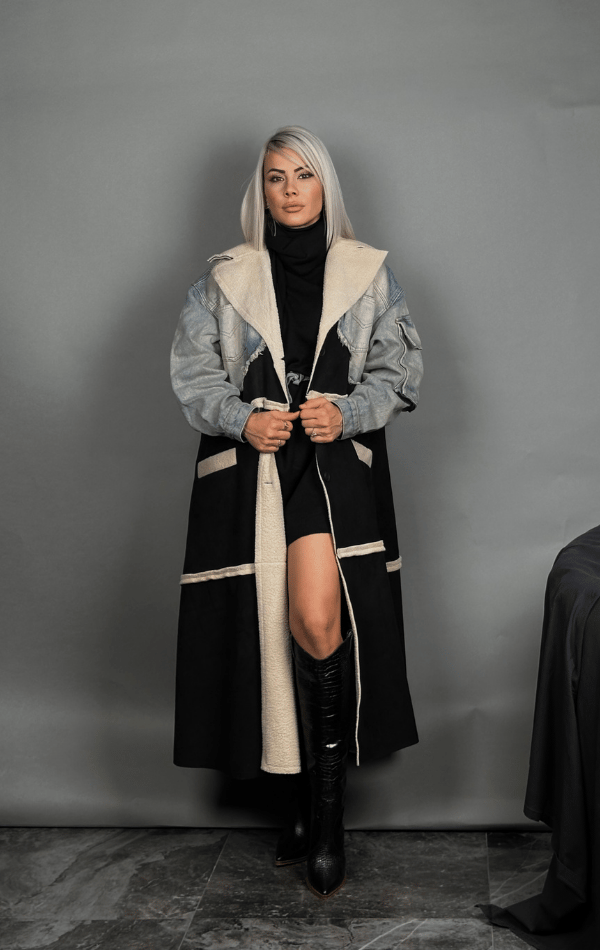 Kadın Siyah Oversize Denim Süet Parçalı Tasarım Kaban | Burcu Paker Kaban  Modelleri