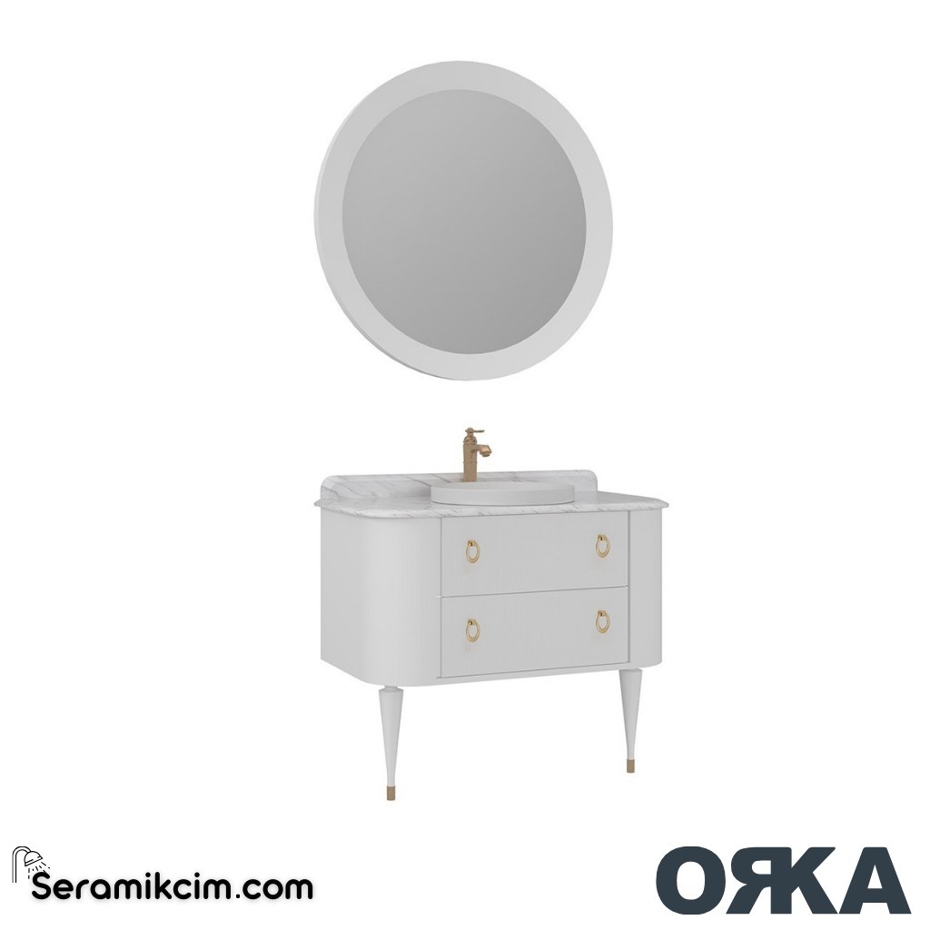 Orka Felice 100cm Banyo Dolabı Set Altın Ahşap Ayaklı Mat Beyaz - ORK070.100.02.TKM