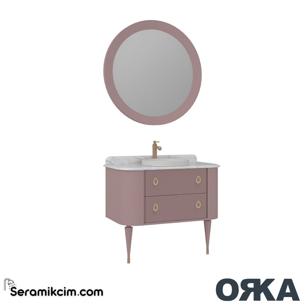 Orka Felice 100cm Banyo Dolabı Set Altın Ahşap Ayaklı Mat Pudra - ORK070.100.04.TKM