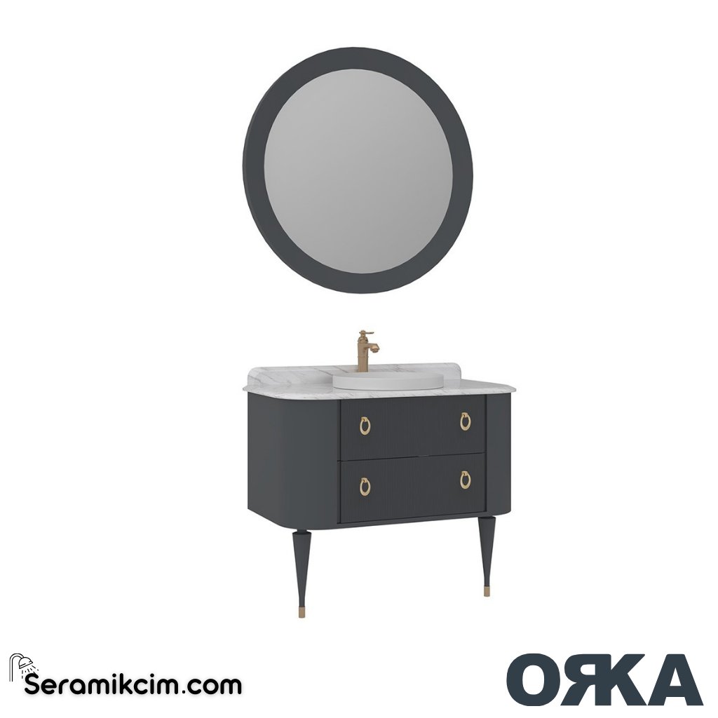 Orka Felice 100cm Banyo Dolabı Set Altın Ahşap Ayaklı Mat Antrasit - ORK070.100.01.TKM