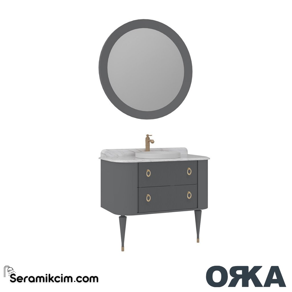 Orka Felice 100cm Banyo Dolabı Set Altın Ahşap Ayaklı Mat Gri - ORK070.100.03.TKM