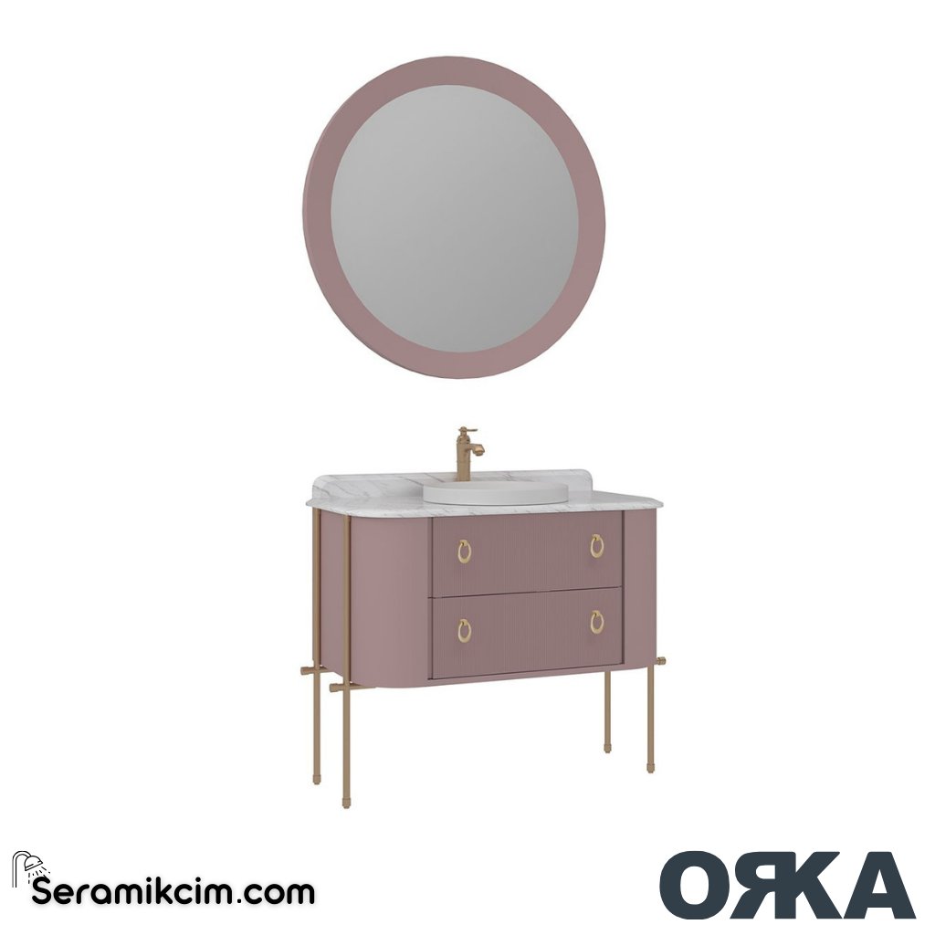 Orka Felice 107cm Banyo Dolabı Set Altın Metal Ayaklı Mat Pudra - ORK07.107.04.TKM