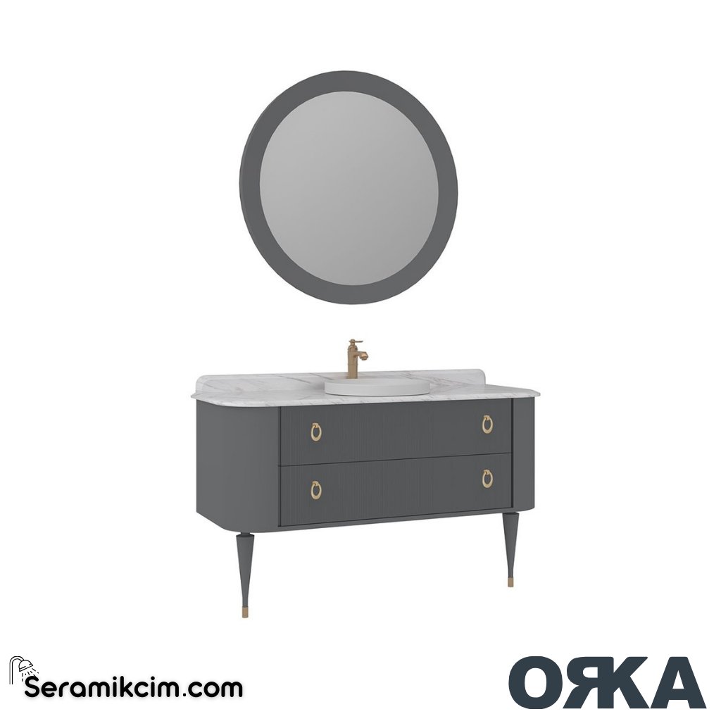 Orka Felice 140cm Banyo Dolabı Set Altın Ahşap Ayaklı Mat Gri - ORK070.140.03.TKM