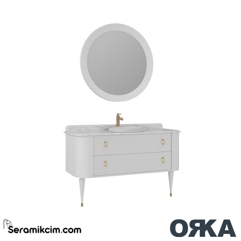 Orka Felice 140cm Banyo Dolabı Set Altın Ahşap Ayaklı Mat Beyaz - ORK070.140.02.TKM