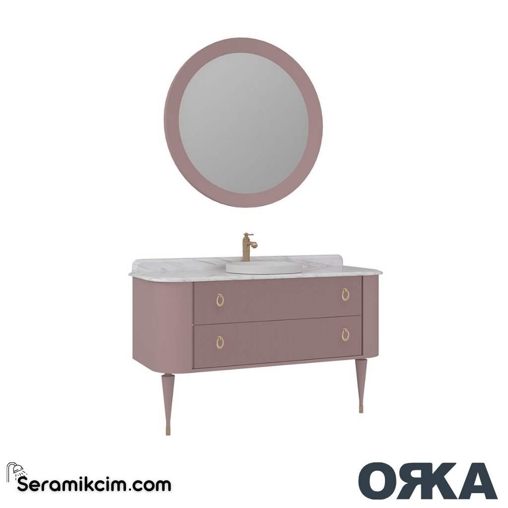 Orka Felice 140cm Banyo Dolabı Set Altın Ahşap Ayaklı Mat Pudra - ORK070.140.04.TKM