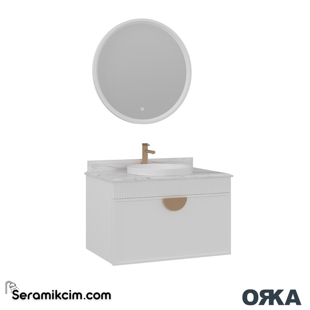 Orka Molino 80cm Banyo Dolabı Set Mat Beyaz Altın Kulp