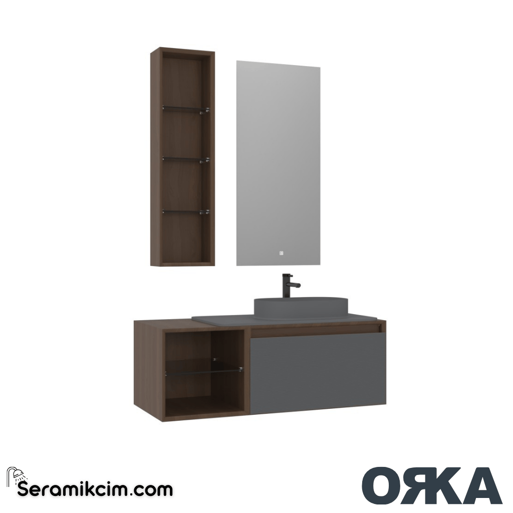 Orka Pacific 110cm Banyo Dolabı Set Mocha Meşe / Mat Gri
