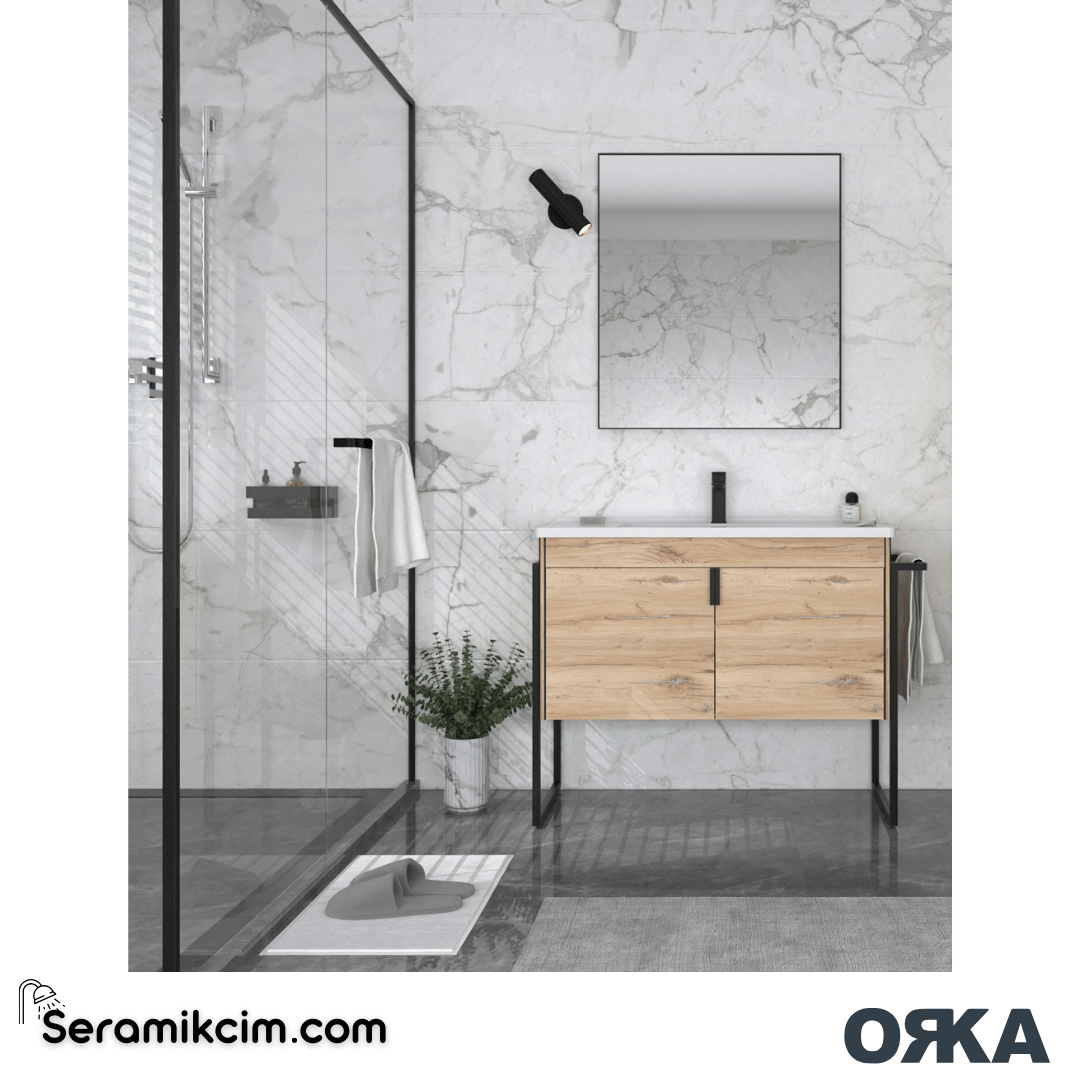 Orka Trio 100cm Ayaklı Banyo Dolabı Set Kapaklı Havluluklu Senza