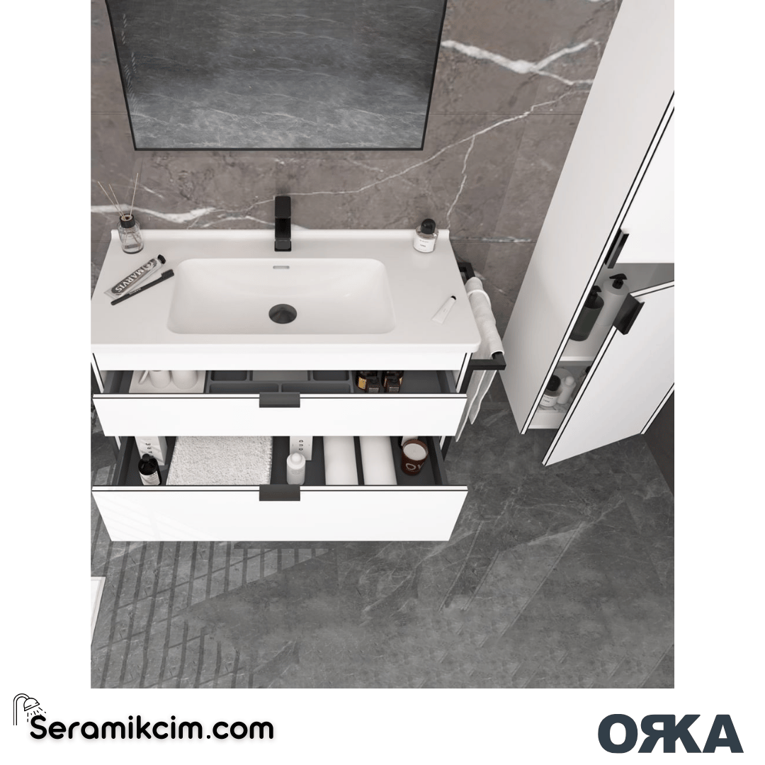 Orka Trio 80cm Ayaklı Banyo Dolabı Set Çekmeceli Havluluklu Beyaz