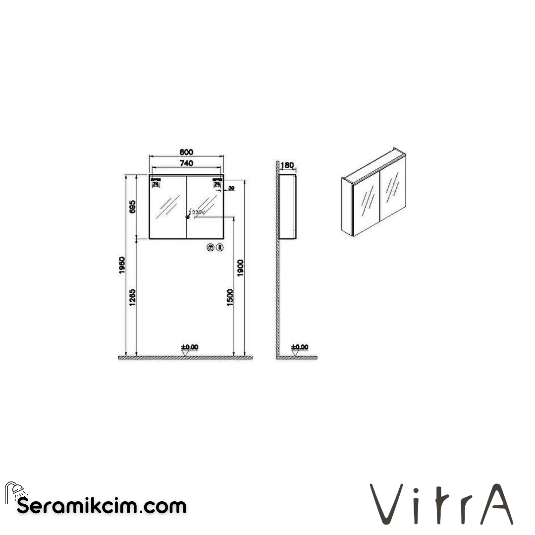 Vitra Core Dolaplı Ayna, 80cm, Aydınlatmalı Mat Fırtına Gri 67605