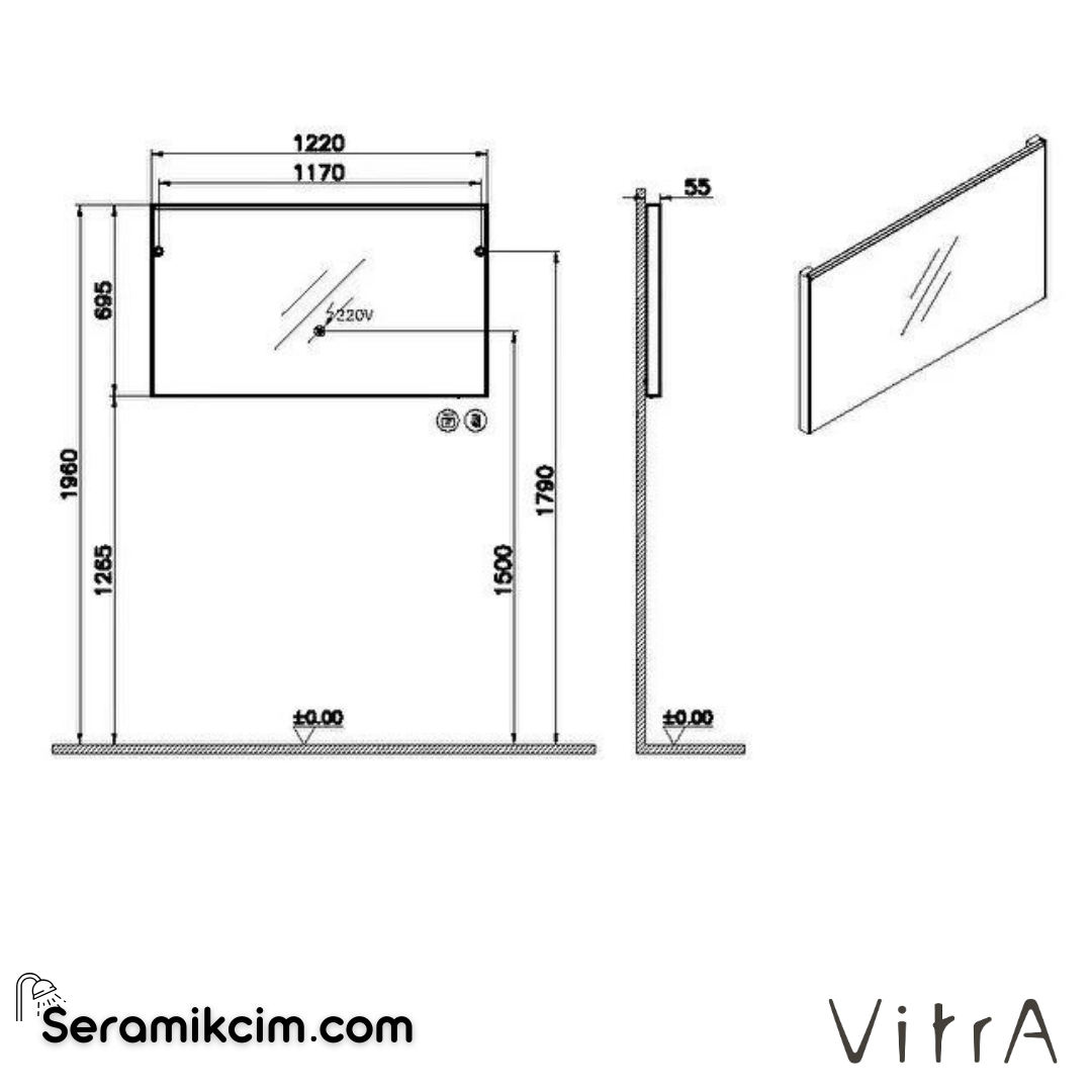 Vitra Core Düz Ayna, 120cm, Aydınlatmalı