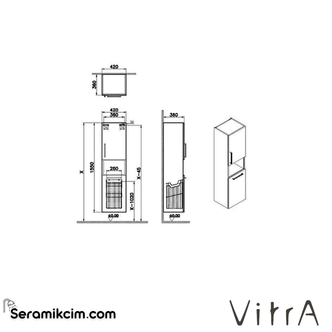 Vitra Root Boy Dolabı, 40 Cm, Kısa, Çamaşır Sepetli, Doğal Meşe, Sol