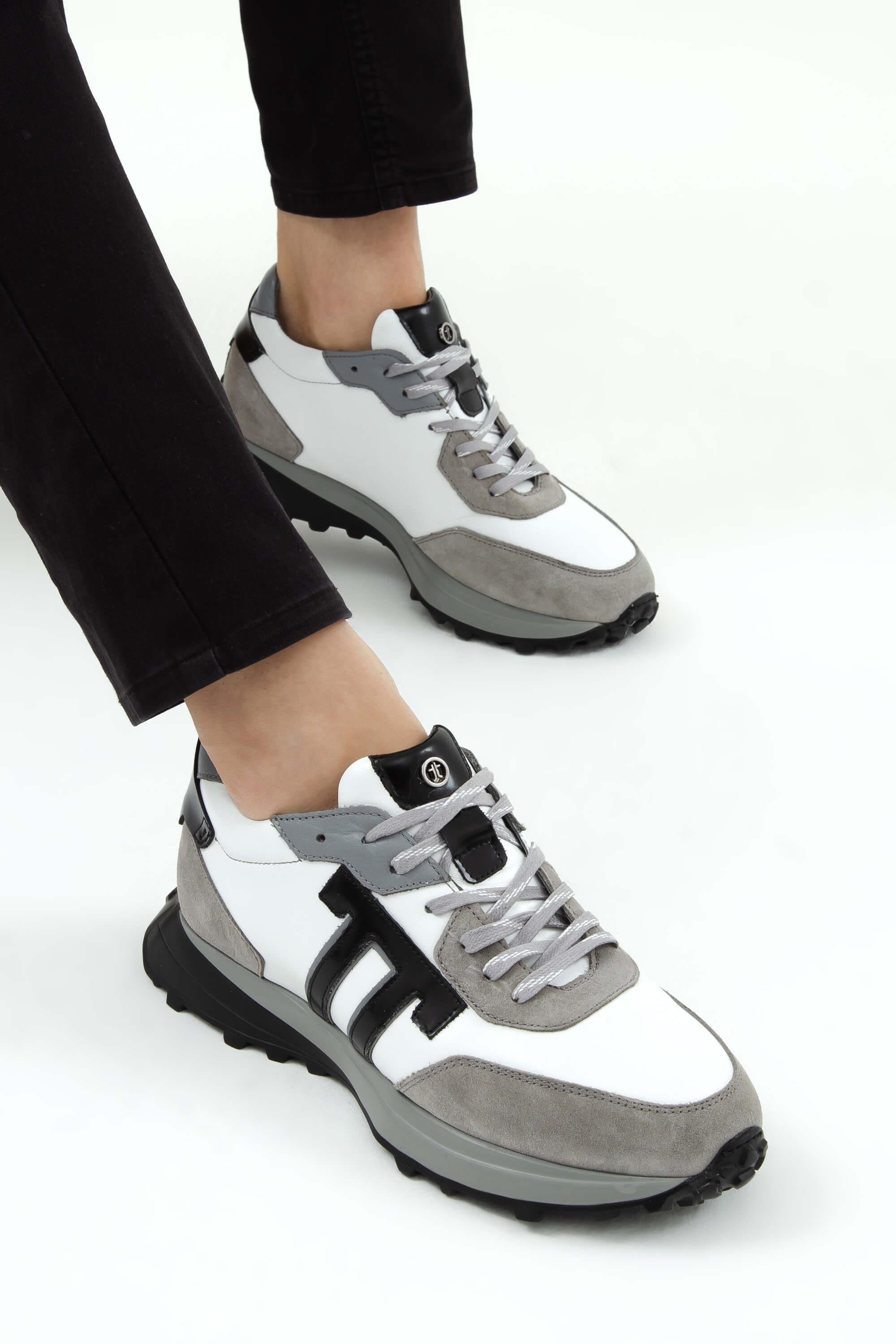 Tamer Tanca Erkek Hakiki Deri Beyaz Gri Sneakers Spor Ayakkab