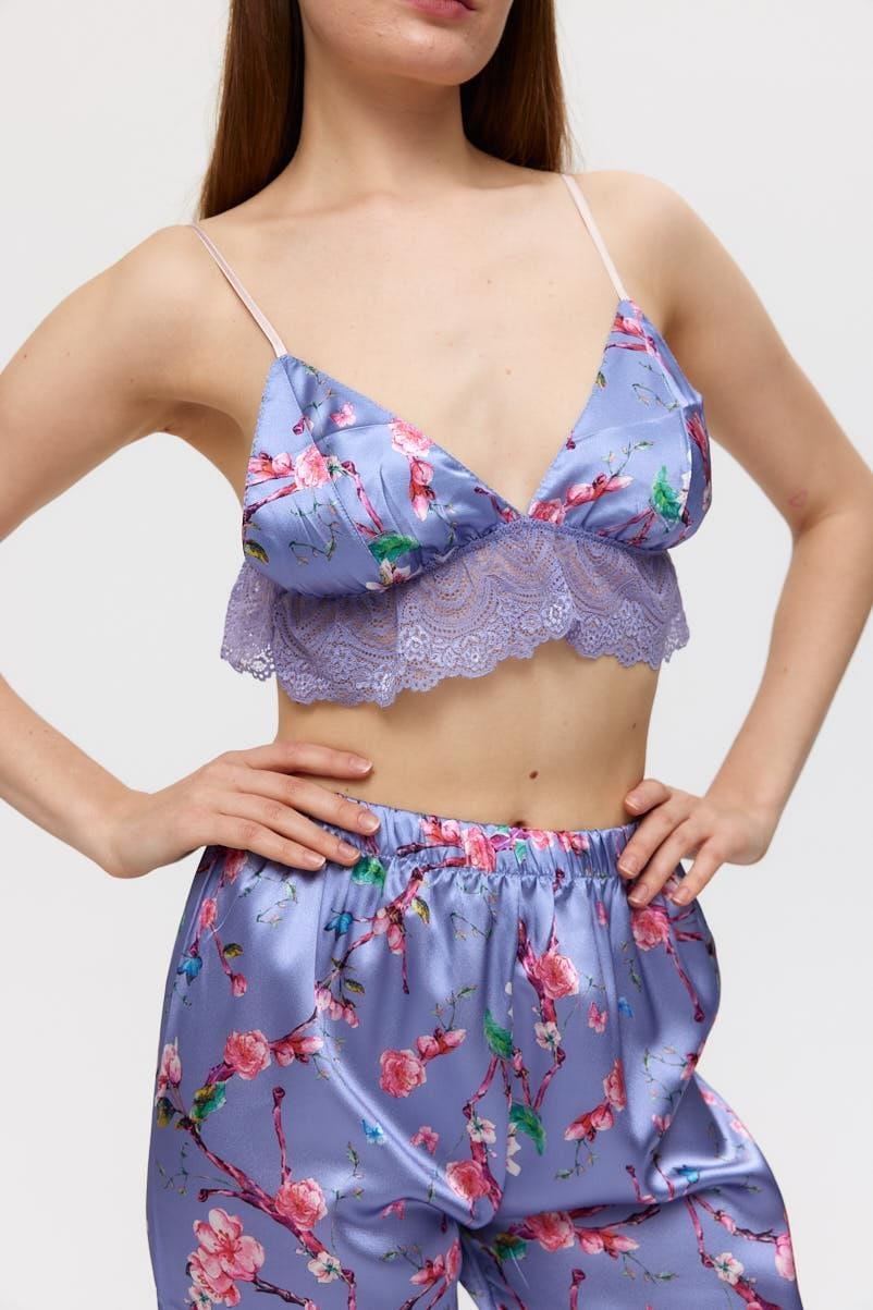 Diamante Çiçekli 3lü Lila Pijama Takımı