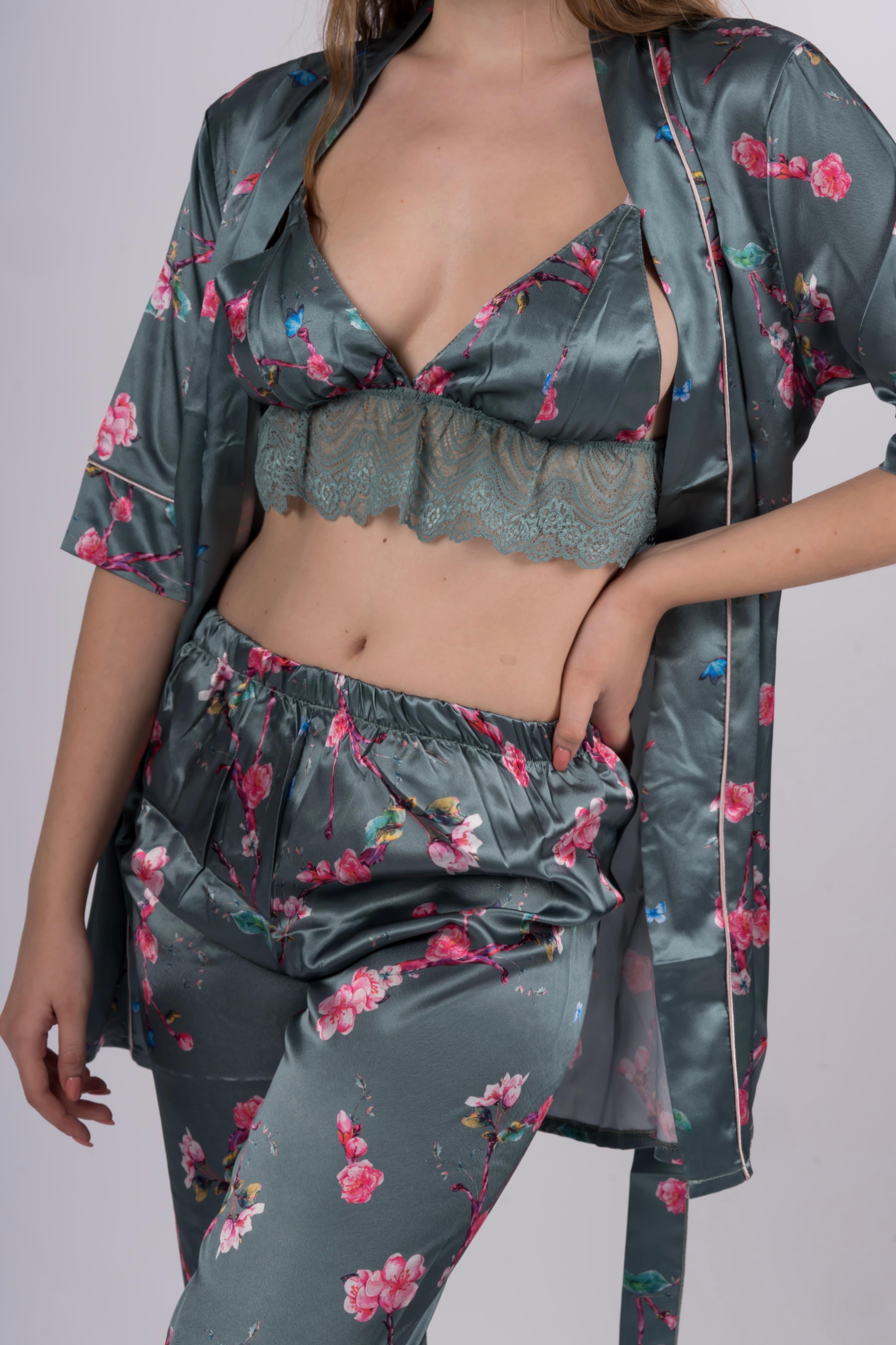 Diamante Çiçekli 3lü Yeşil Pijama Takımı