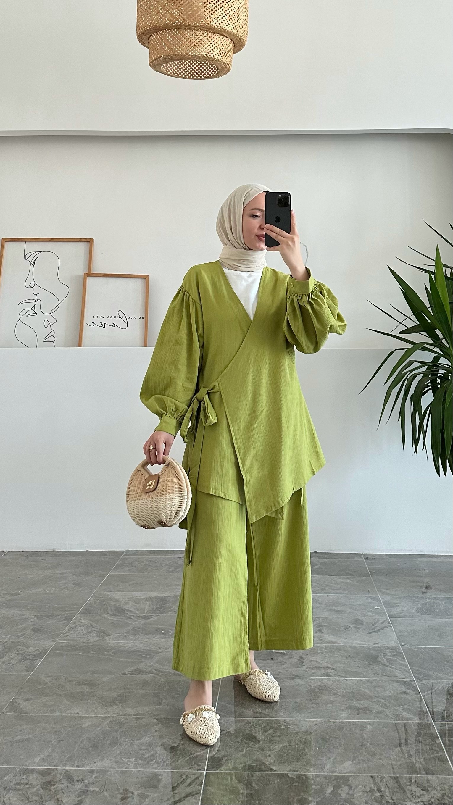 Lotus Yeşil Keten Kimono Takım