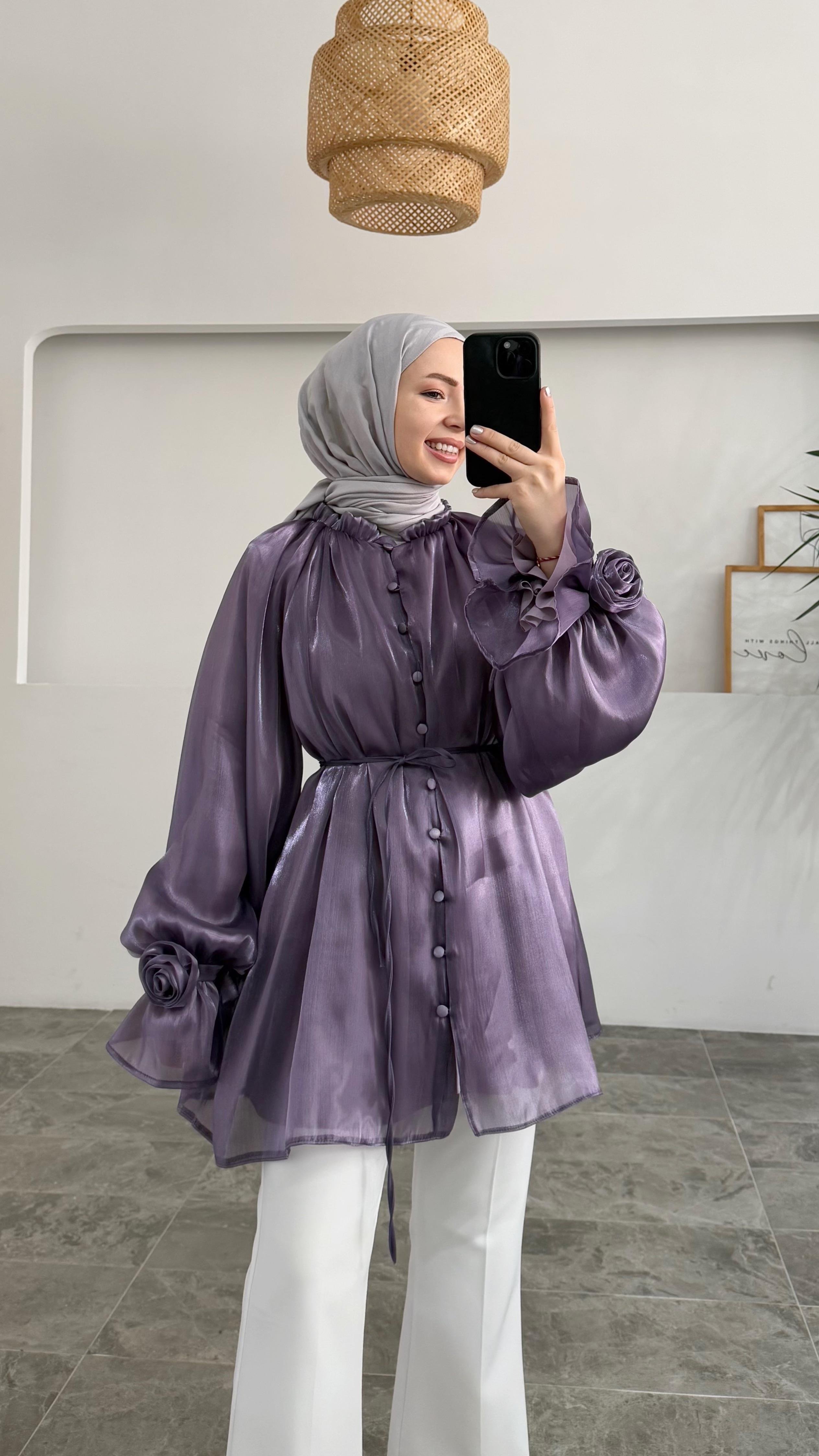 Aknay Organze Gül Detaylı Lila Tunik