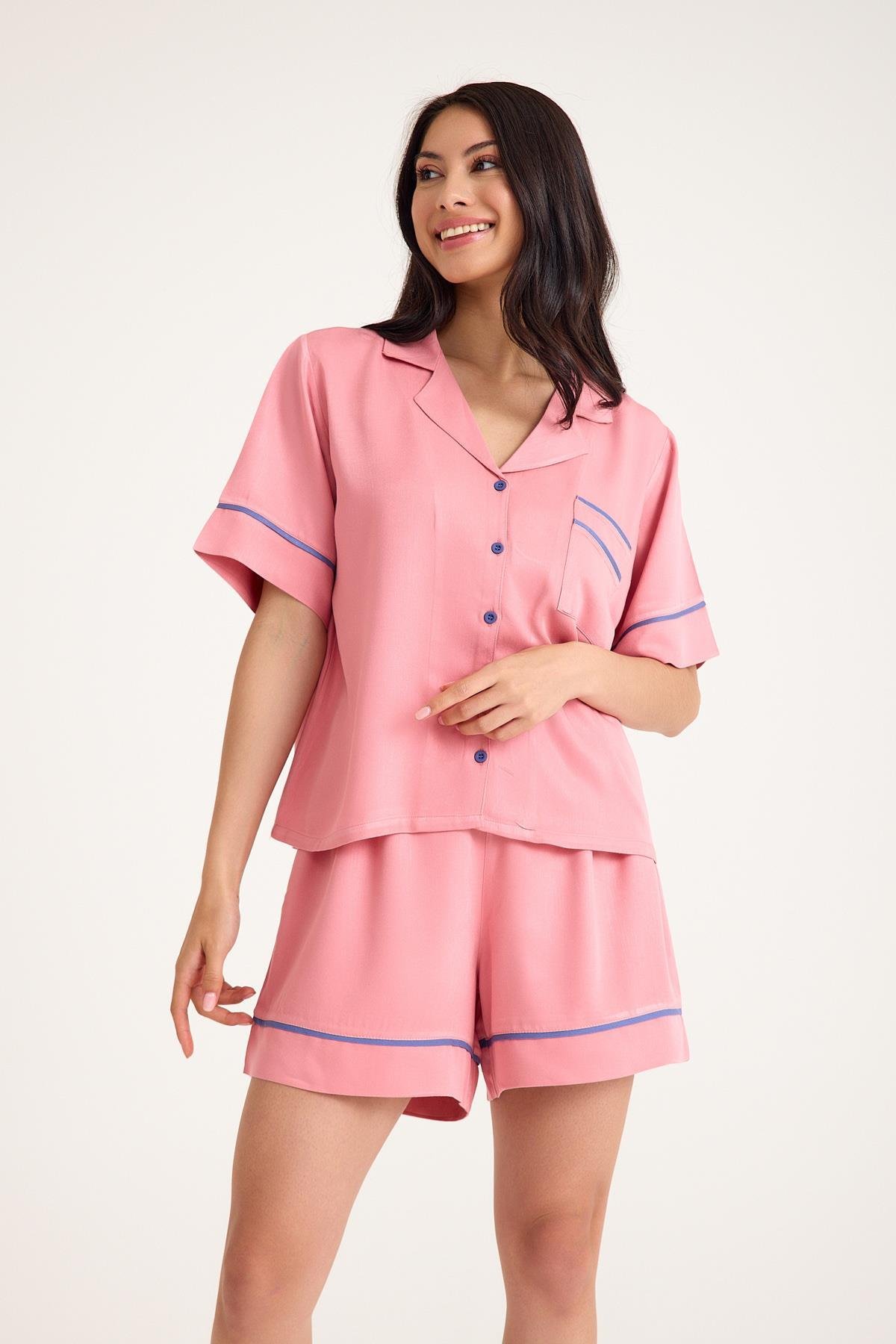 Dream Pembe Viskon Kumaş Maskülen Şort Pijama Takım