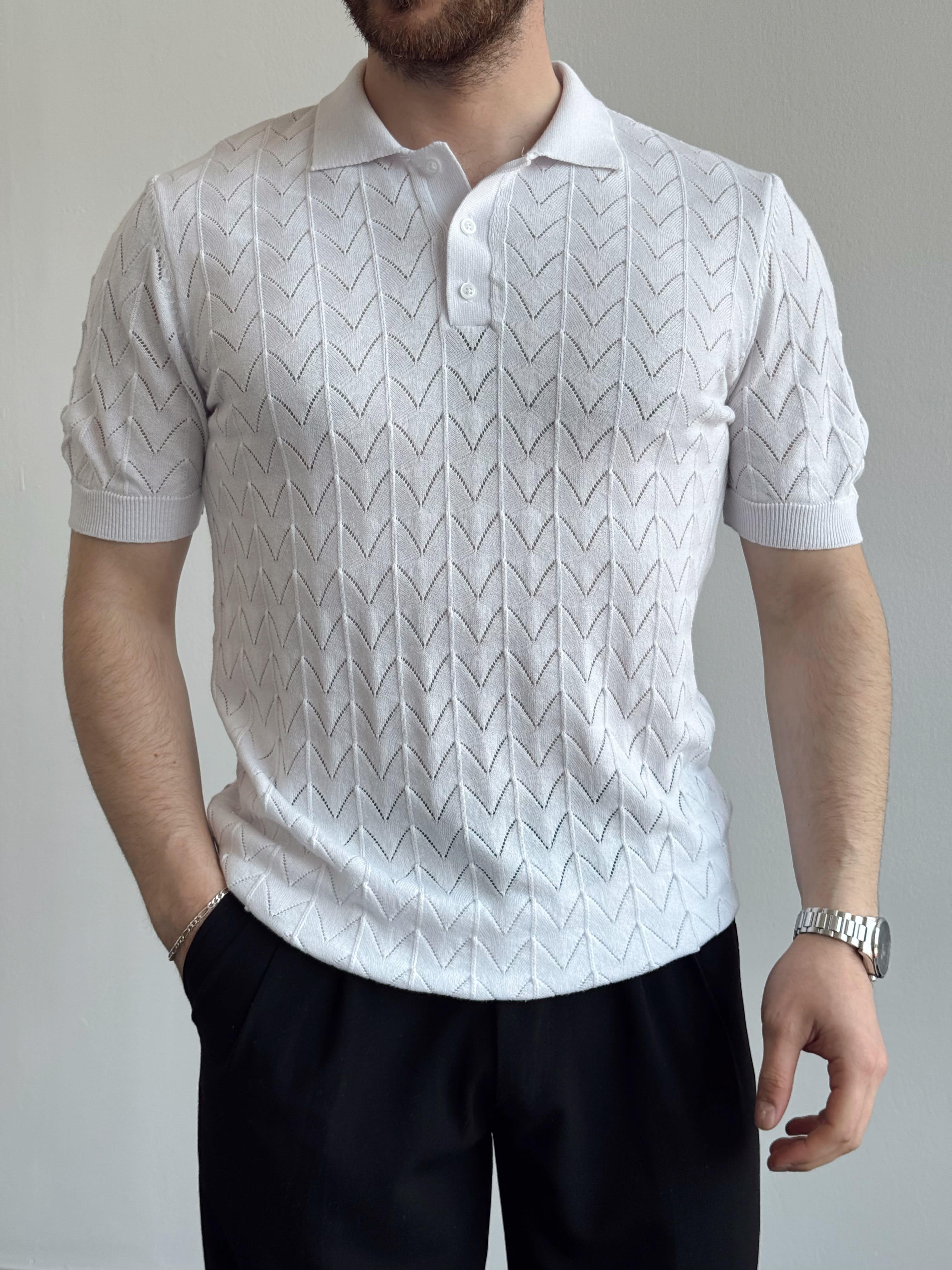 Erkek Eşsiz Detaylar Monaco Stil Örgü Polo Yaka Triko T-Shirt-Beyaz(E1397)