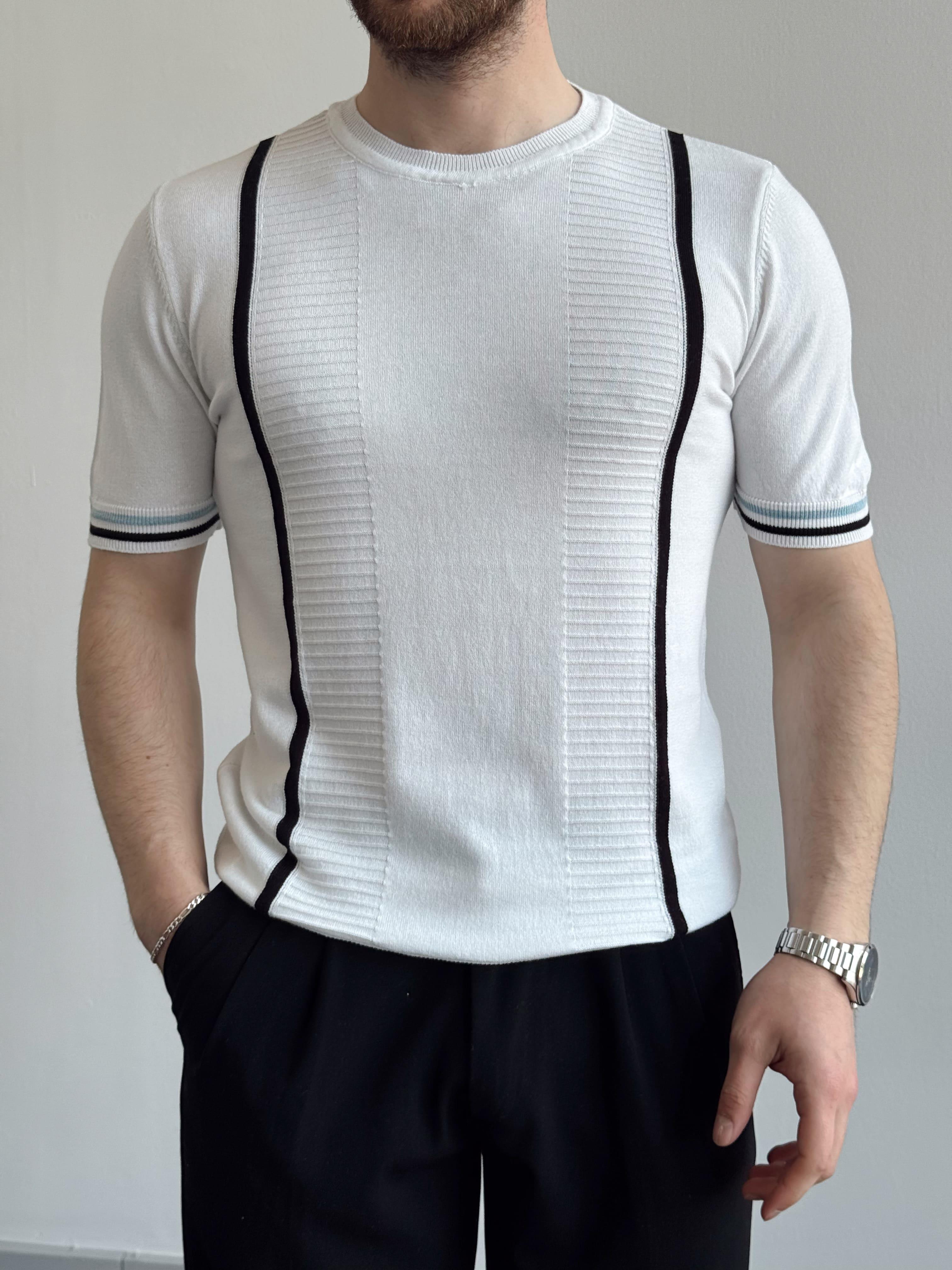 Erkek Minimal Ve Şık Stil Desen Detay Bisiklet Yaka Triko T-Shirt-Beyaz(E1404)