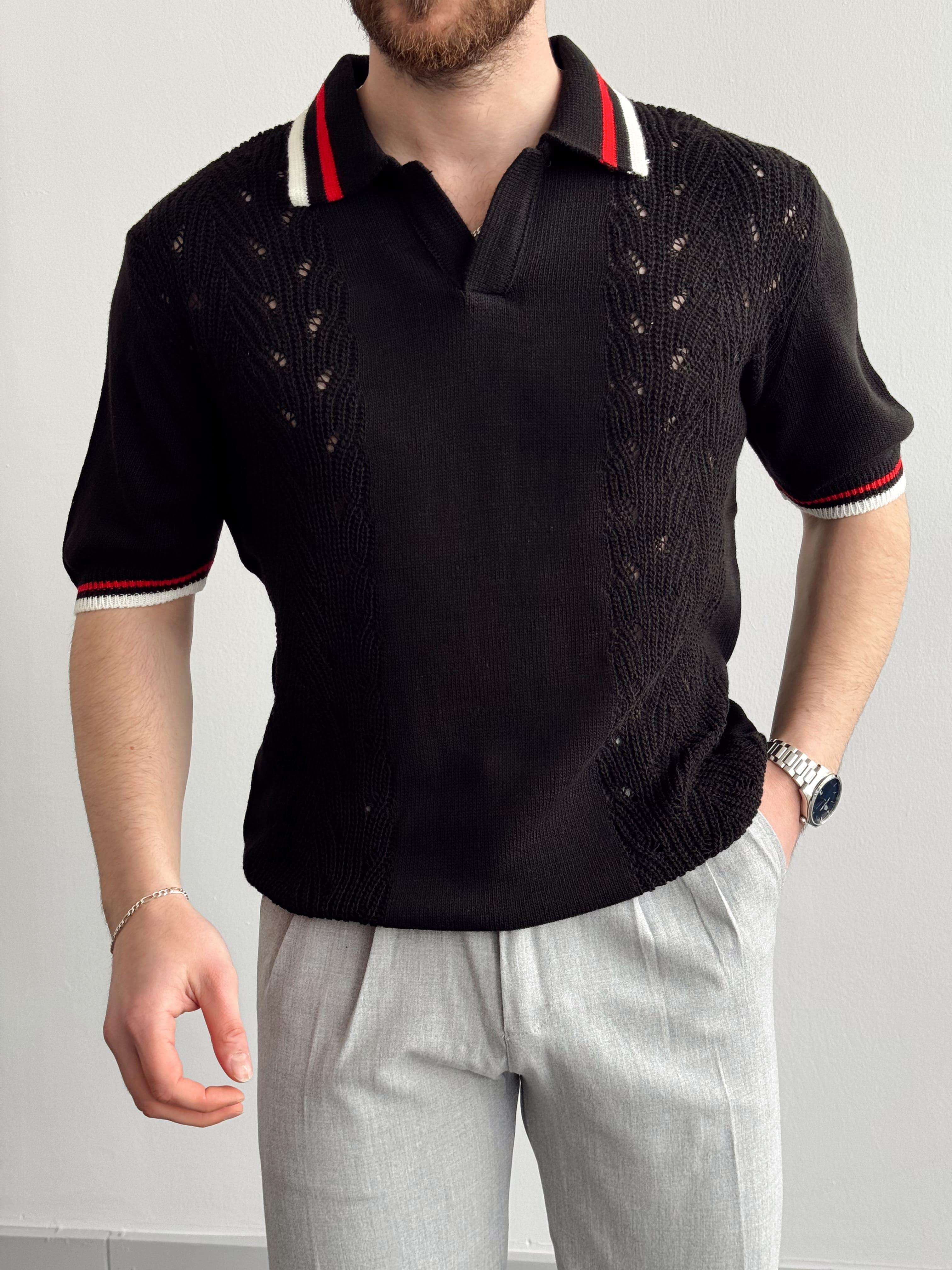Erkek Numaralandırılmış Özel Seri Çizgi Detay Oversize Kalıp Polo Yaka Triko T-Shirt-Siyah(E1375)