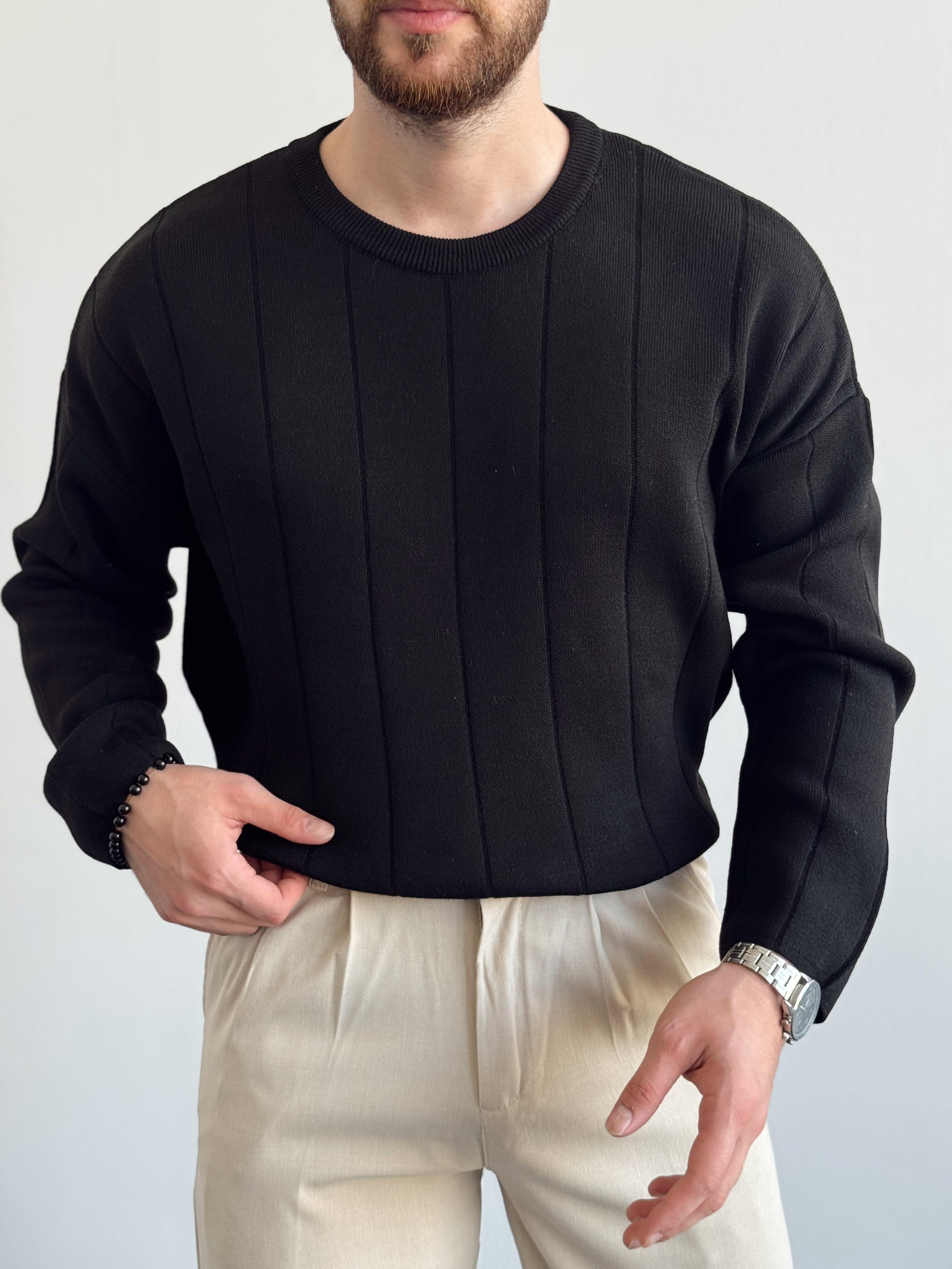 Erkek Oversize Lines Knit Zipper Bisiklet Yaka Kazak-Siyah(E1161)