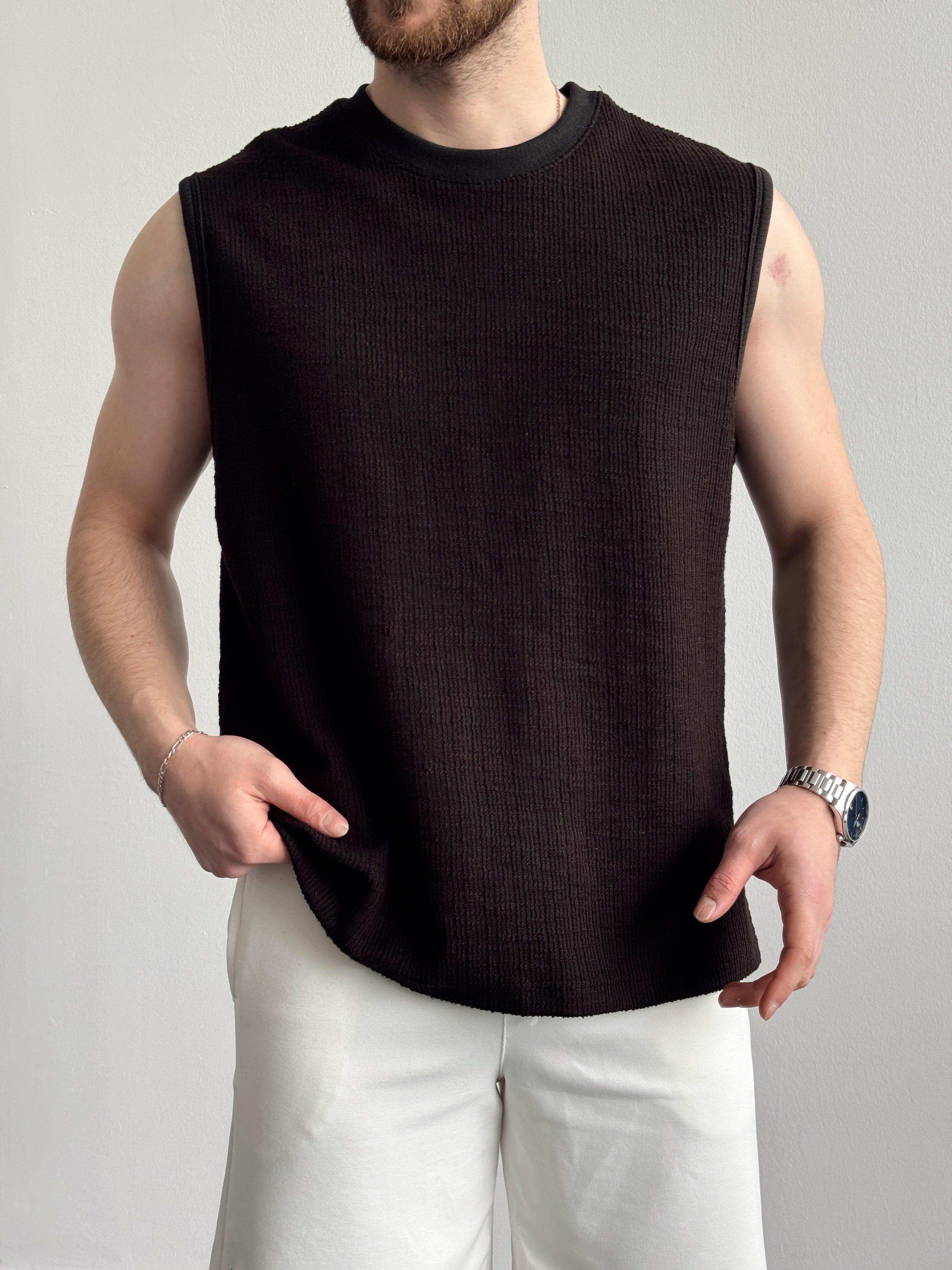Erkek Özel Premium Seri Regular Fit Dokulu Kolsuz T-Shirt-Siyah(E1354)