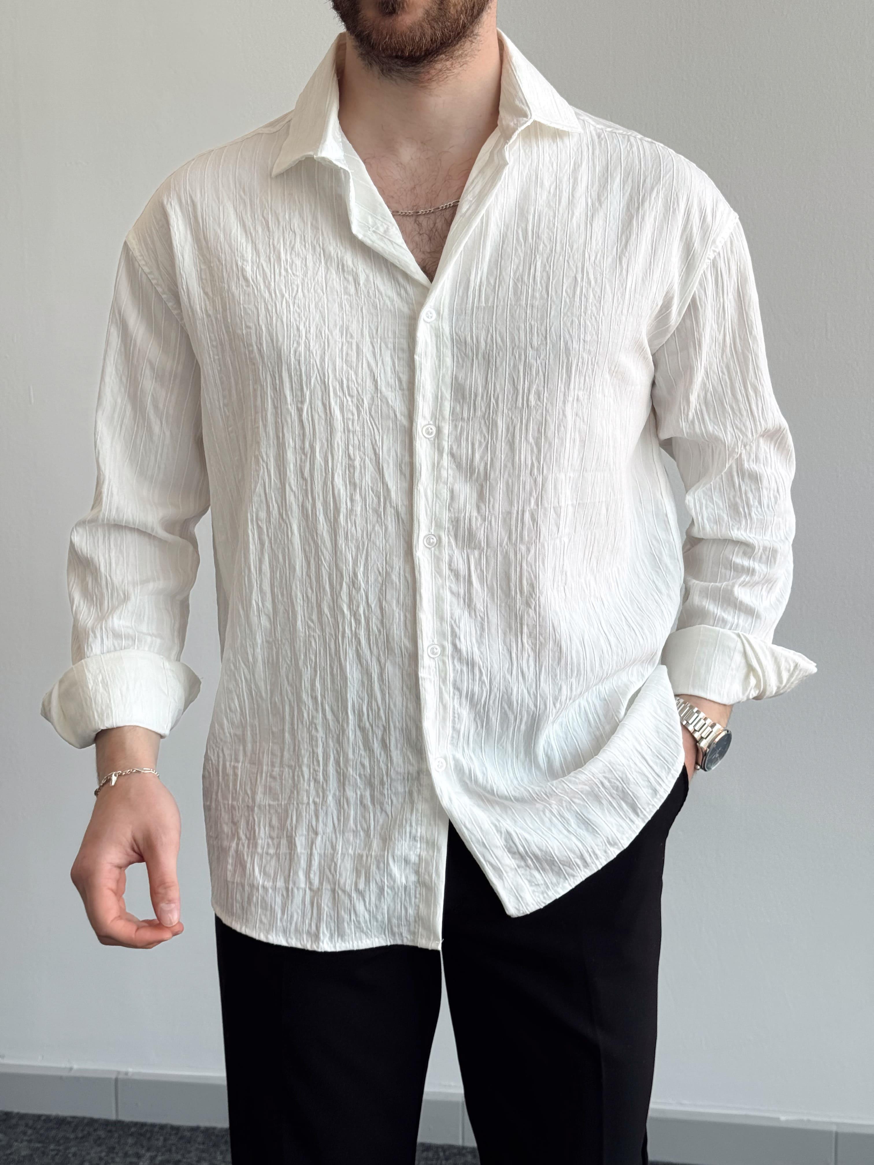 Erkek Premium Collection Oversize Kalıp Çizgili Hafif Kumaş Gömlek-Beyaz(E1405)