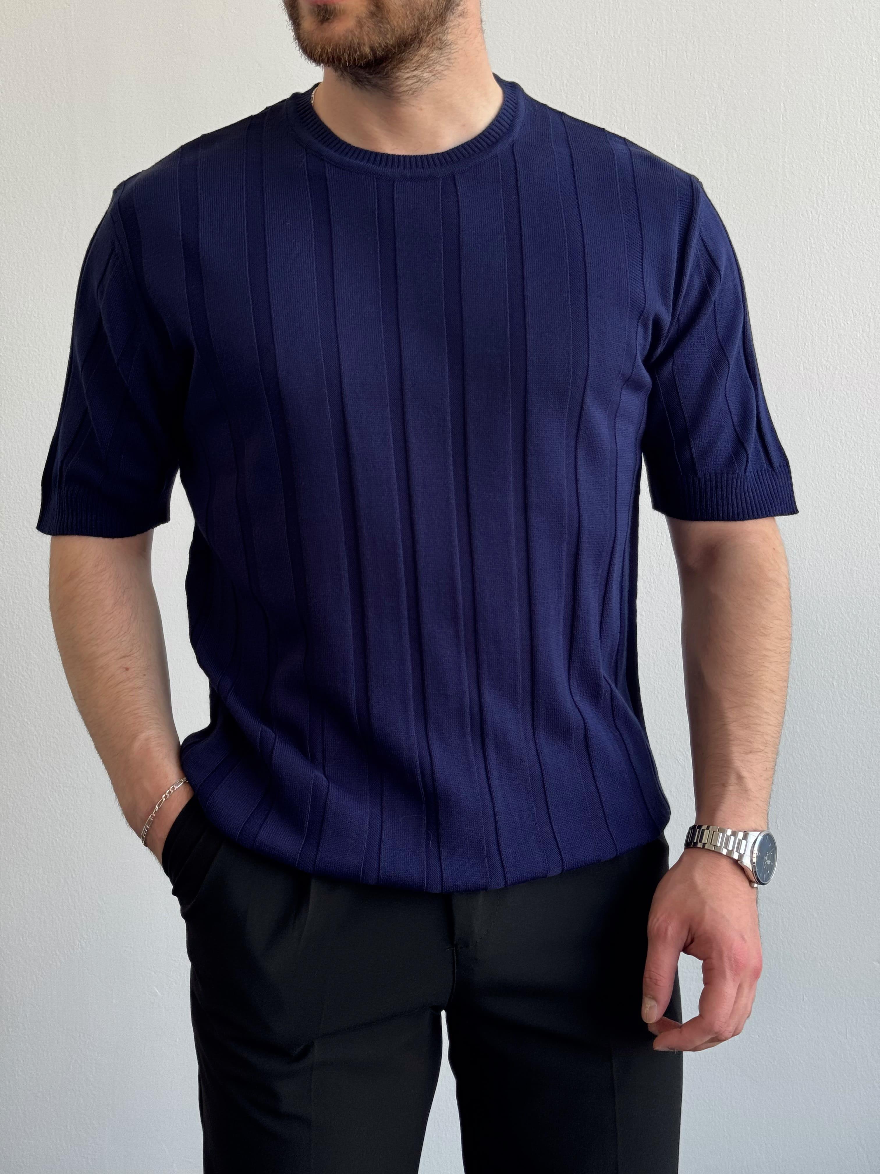 Erkek Premium Kalite Bisiklet Yaka Şerit Detaylar Oversize Kalıp Triko T-Shirt-Lacivert(E1351)