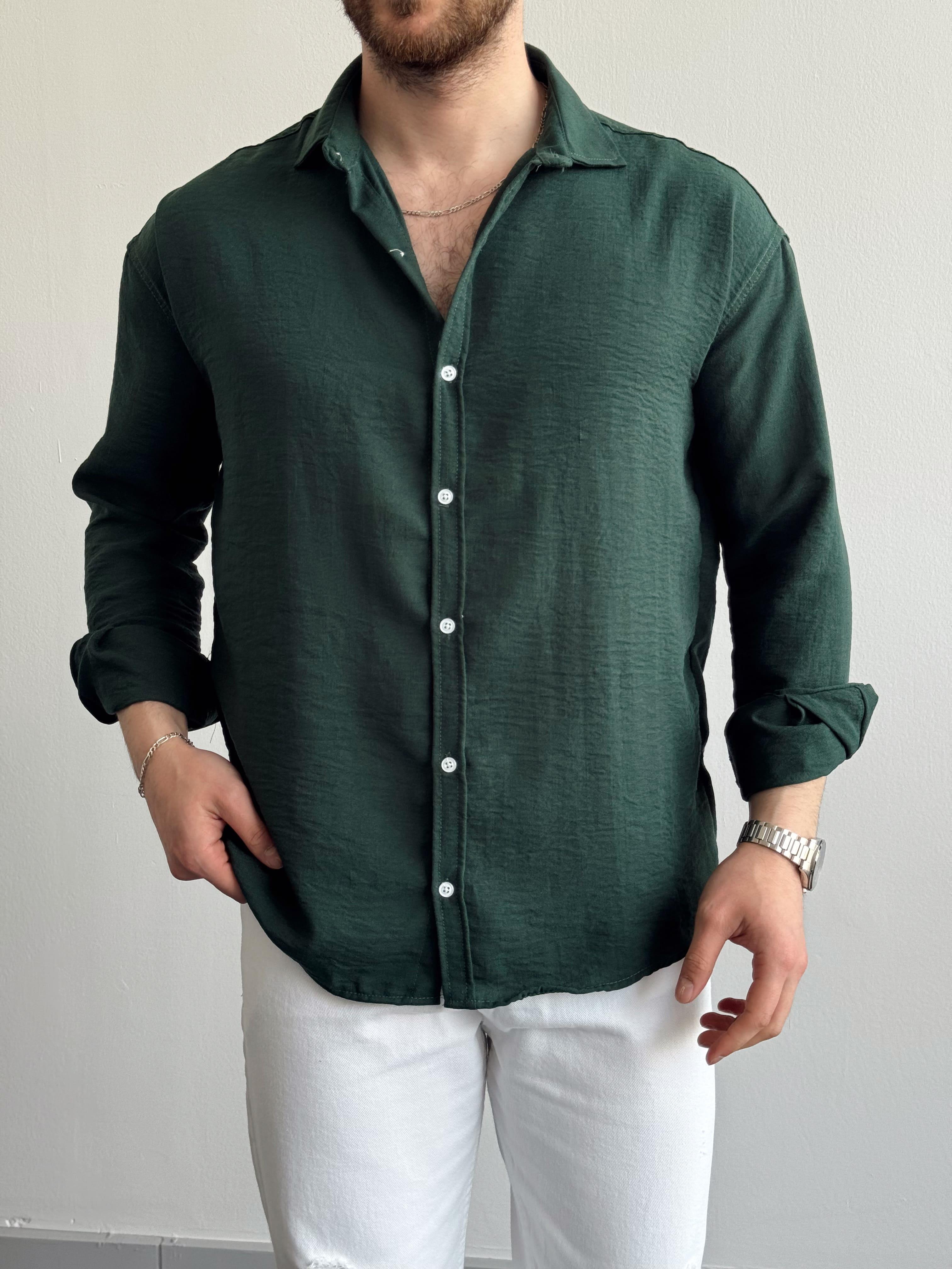 Erkek Premium Kalite Oversize Kalıp Kolay Ütü Teri Emen Dokulu Gömlek-Yeşil(E1284)