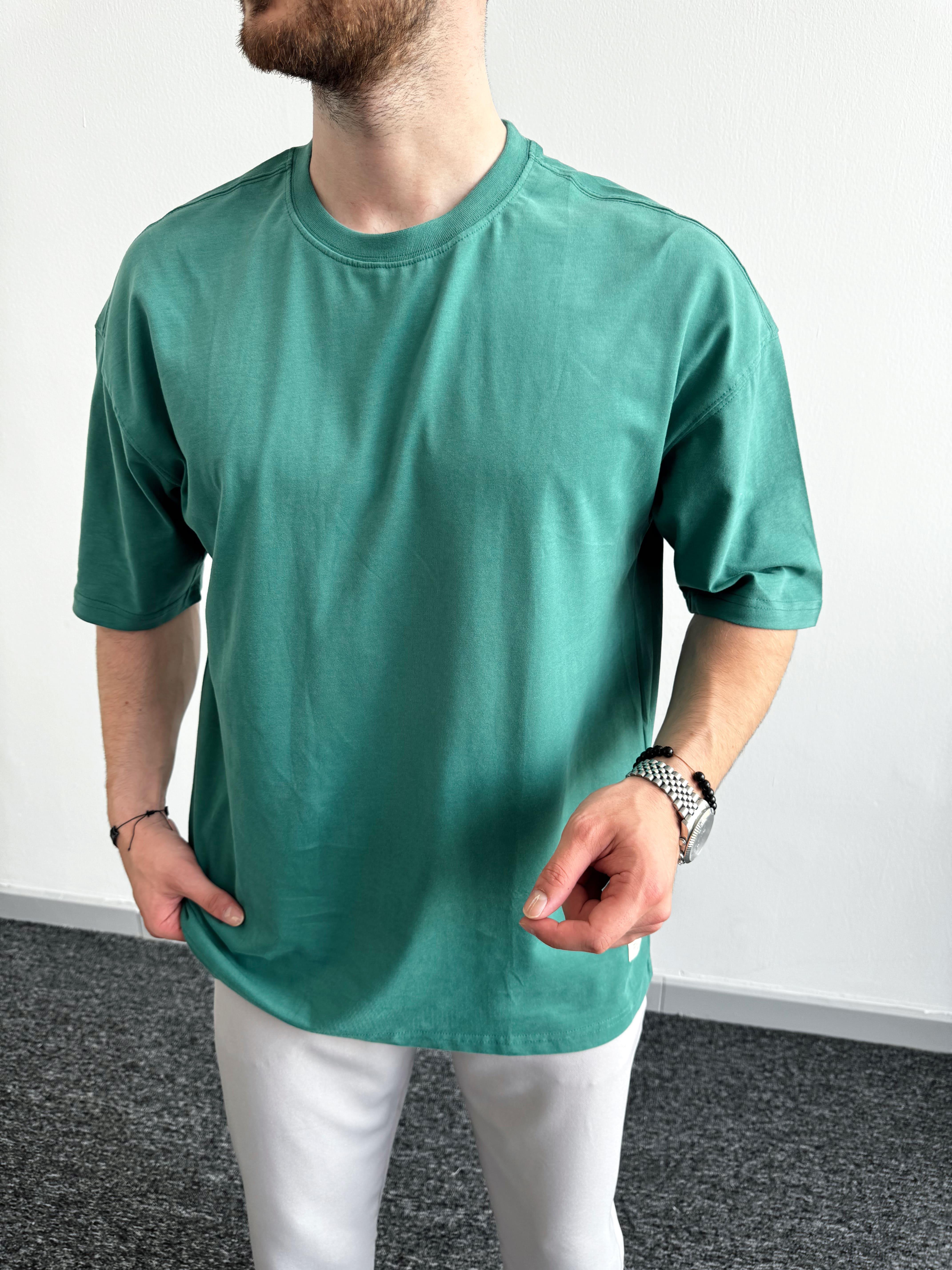 Erkek Premium Pamuklu Düz Oversize T-Shirt-Yeşil(E1090)