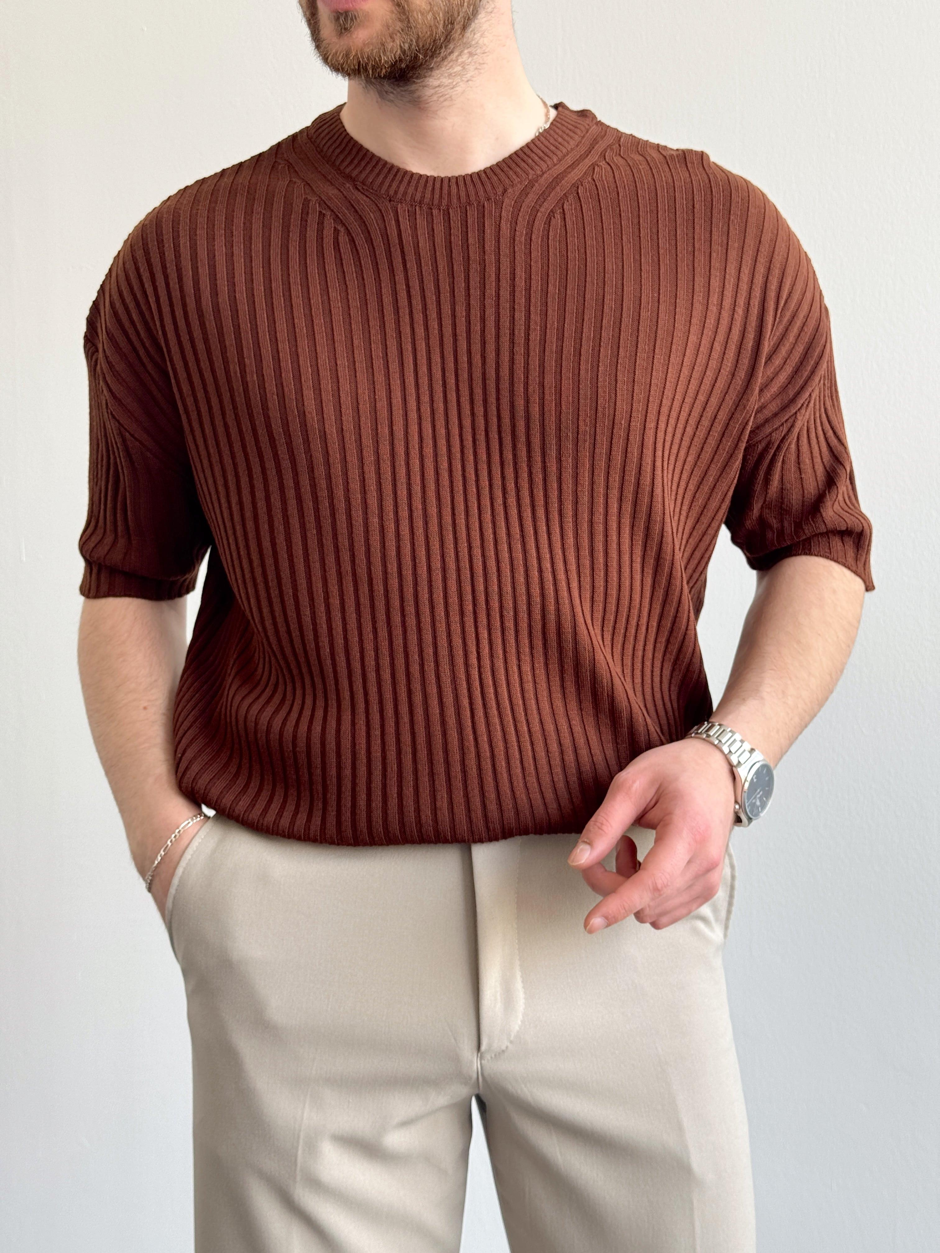 Erkek Yüksek Kalite Oversize Kalıp Şerit Detaylı Bisiklet Yaka Triko T-Shirt-Kahverengi(E1291)