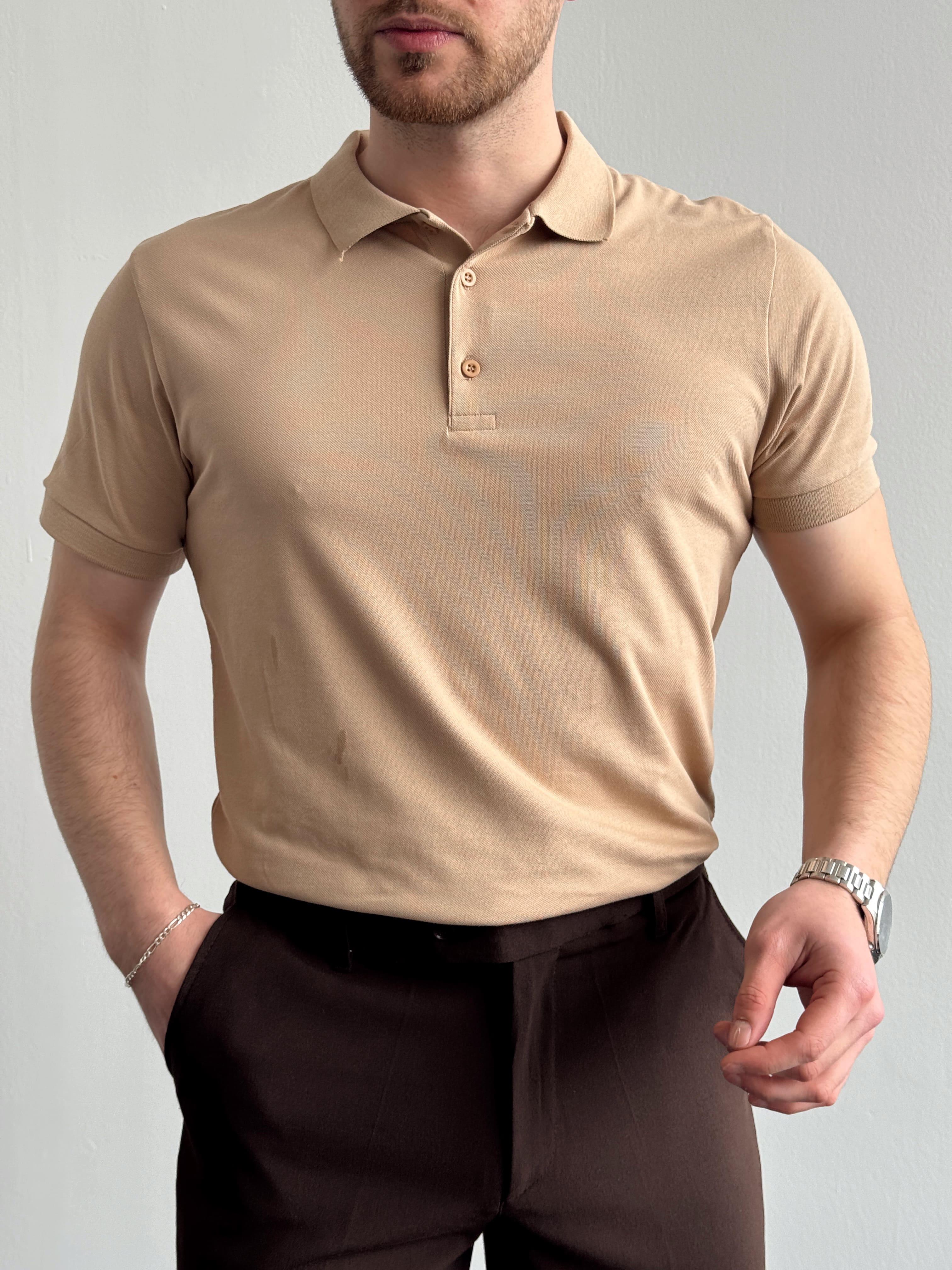 Erkek Yüksek Kalite Regular Kalıp Polo Yaka T-Shirt-Bej(E1282)