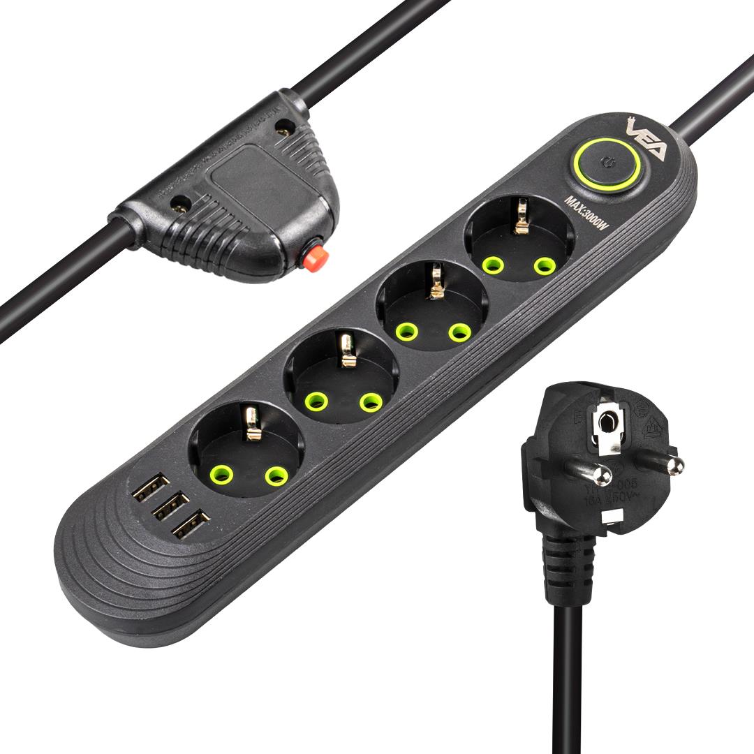 Vea VA-21559 4'lü 3 USB'li 1.5 Metre Akım Korumalı Priz Siyah