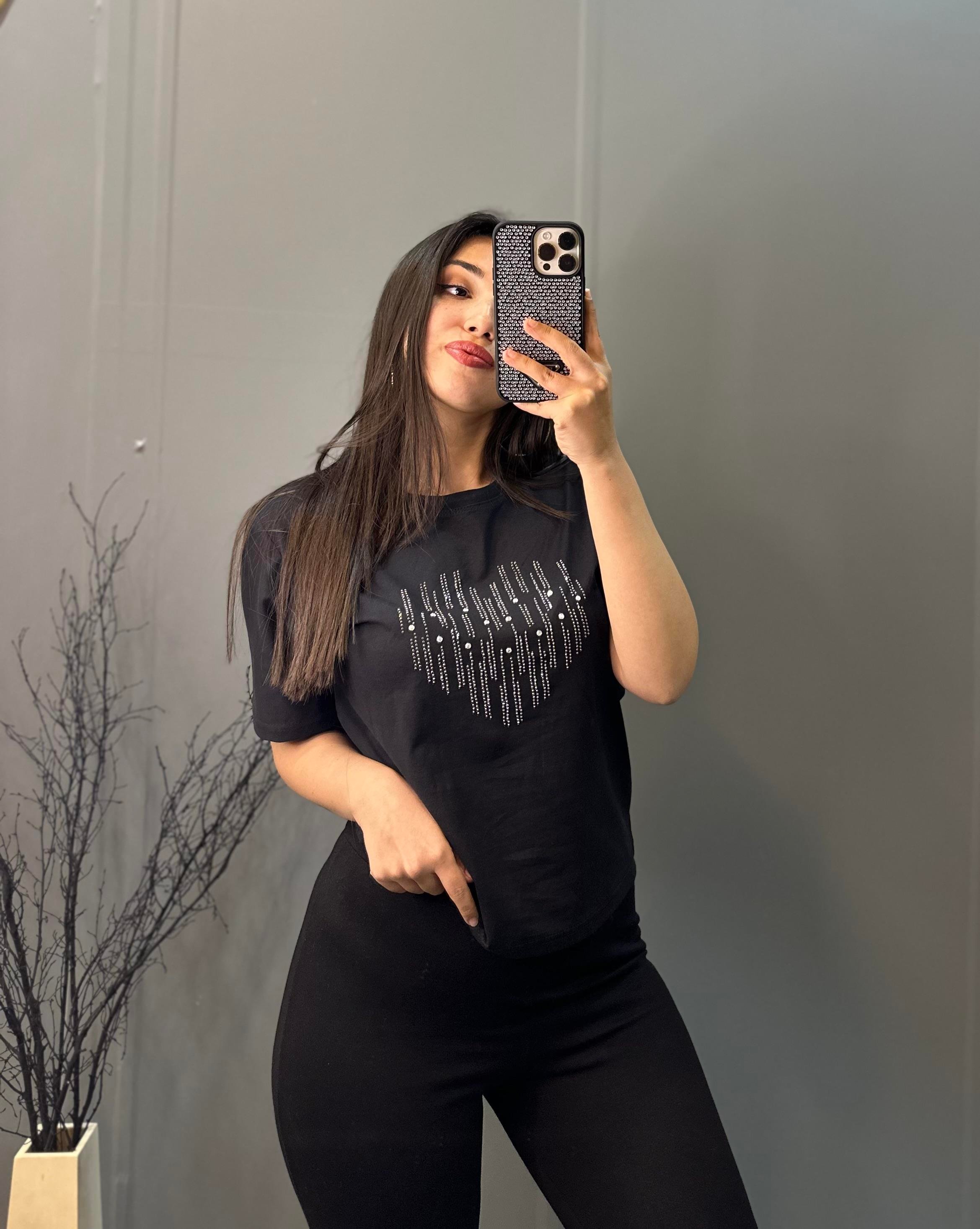 Taş İşlemeli T-Shirt Siyah