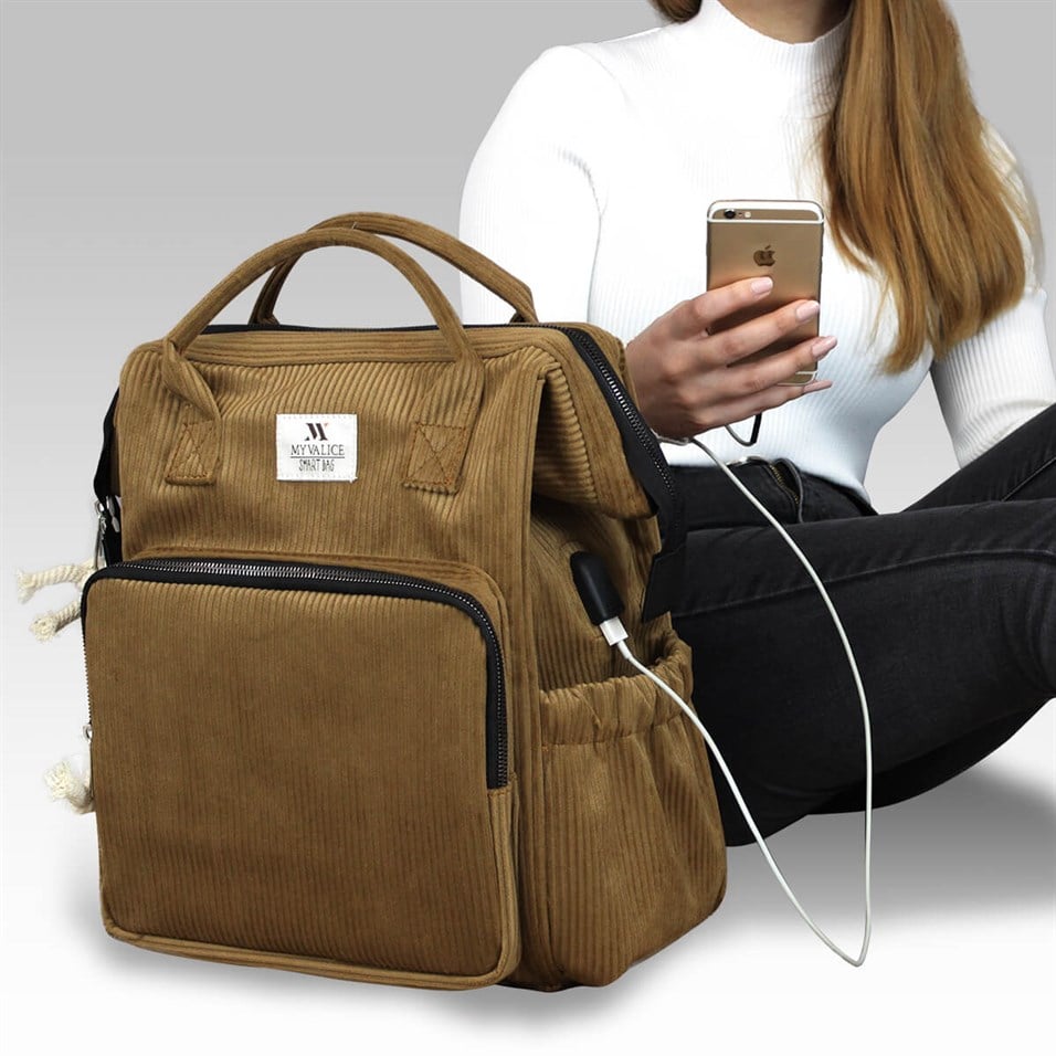 My Valice Smart Bag Usb'li Kadife Anne Bebek Bakım ve Sırt Çantası 1402  Taba | My Valice