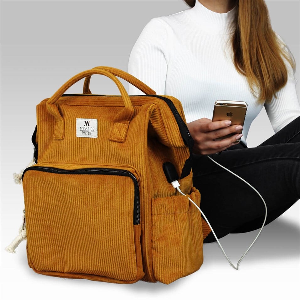 My Valice Smart Bag Usb'li Kadife Anne Bebek Bakım ve Sırt Çantası 1402  Hardal | My Valice