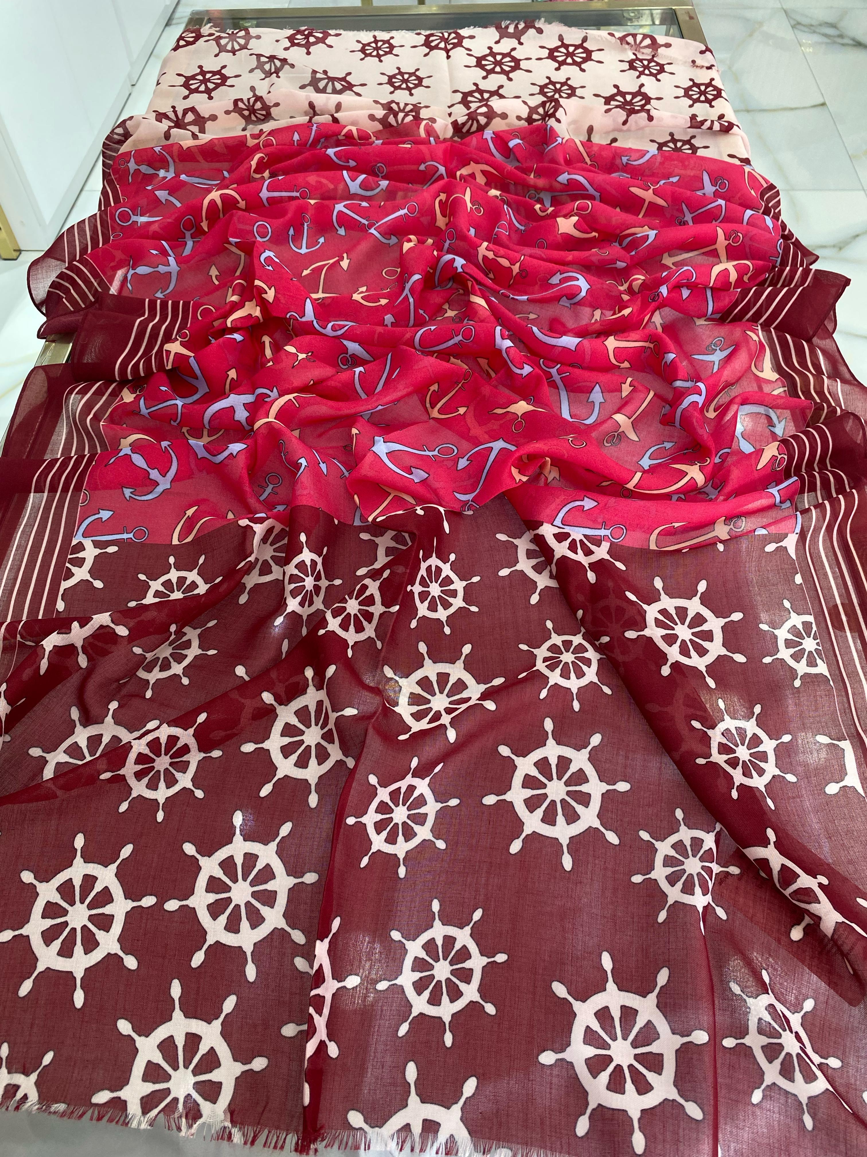 Bordo Kırmızı Deniz Temalı Desenli Şal